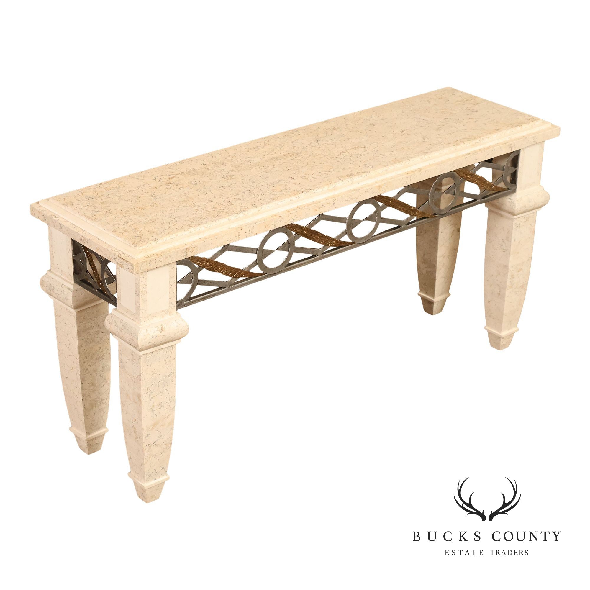 Neoclassical Style Travertine Console Table With Metal Stretcher