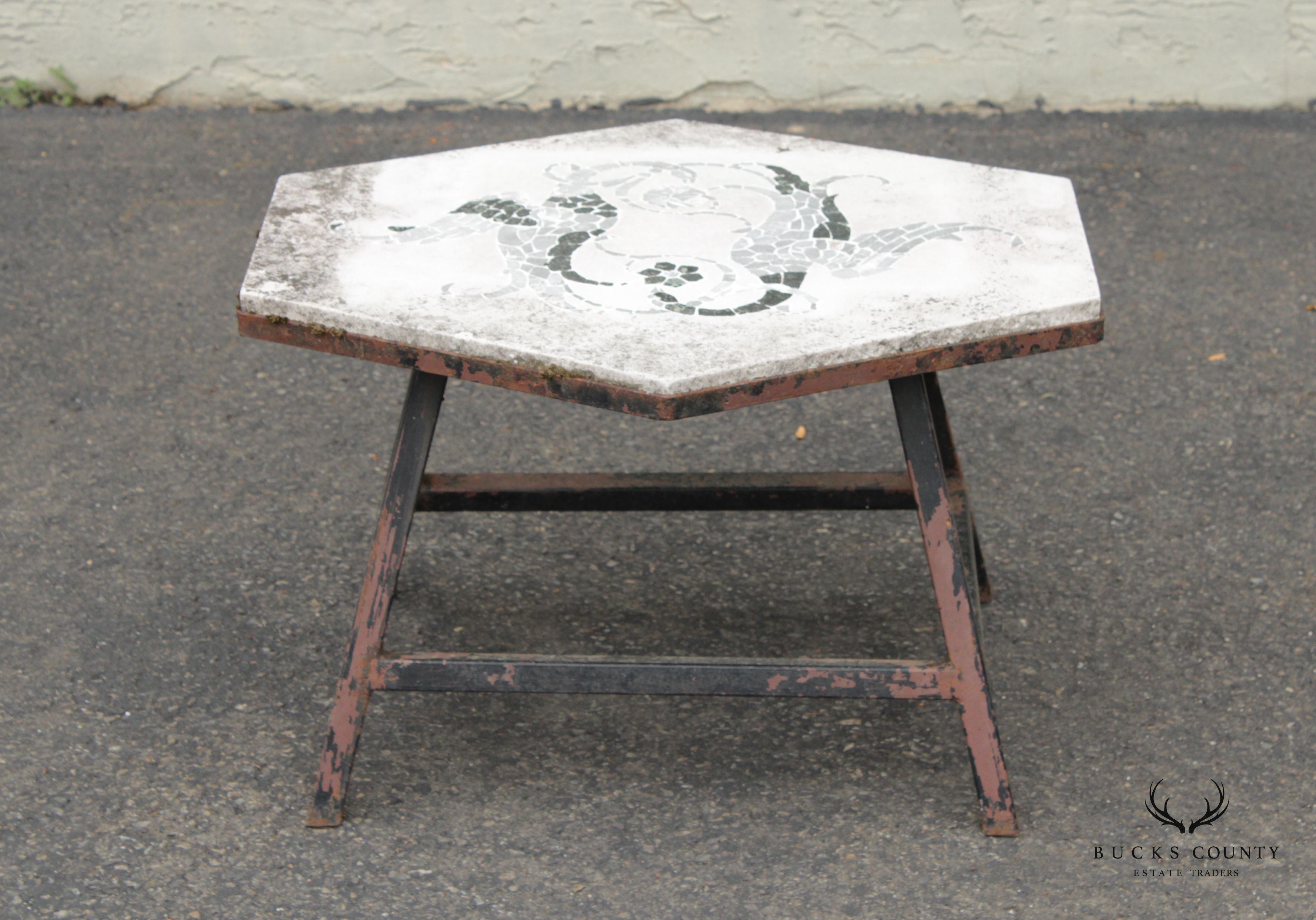 Vintage Iron and Mosaic Stone Outdoor Garden Side Table