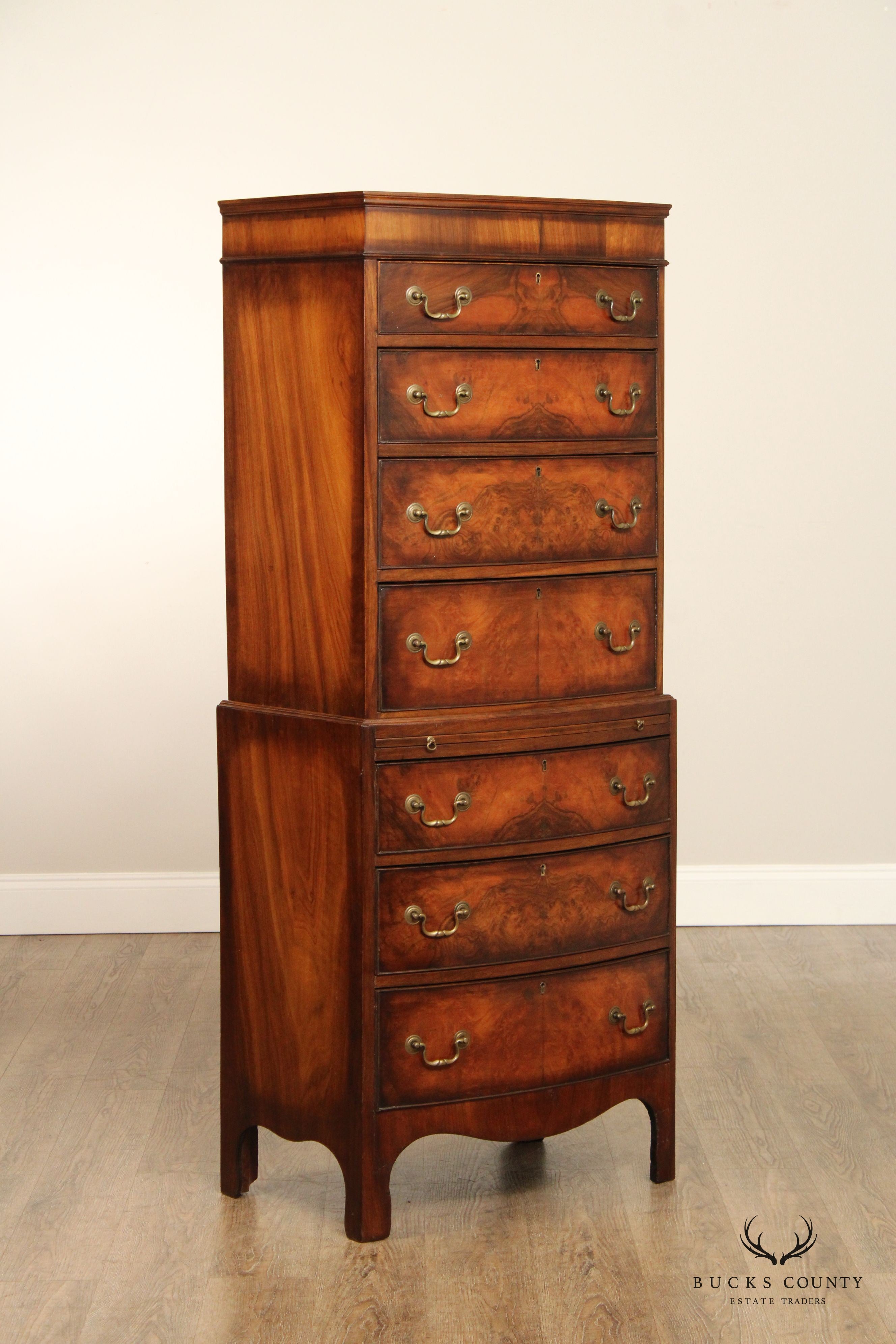 Hepplewhite Style English Walnut Narrow Bow Front Tall Chest On Chest