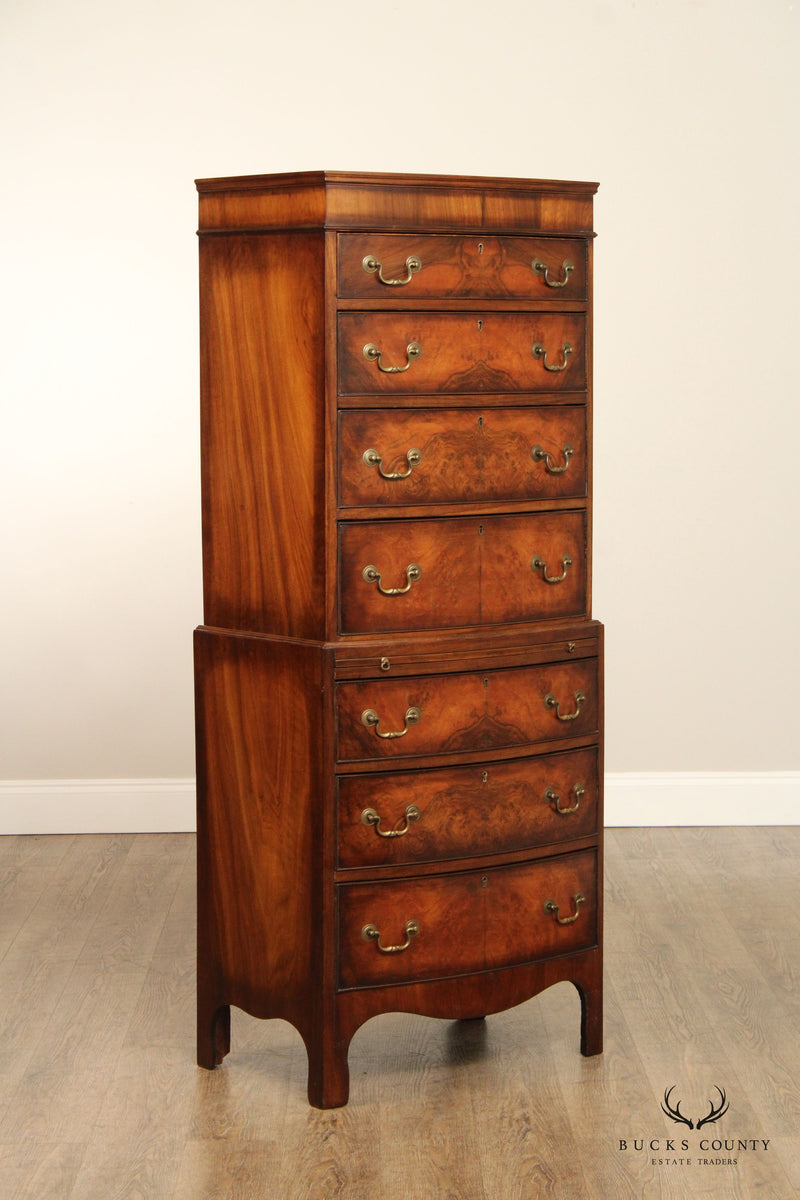 Hepplewhite Style English Walnut Narrow Bow Front Tall Chest On Chest
