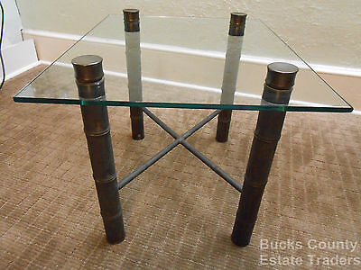 Vintage MidCentury Hollywood Regency Faux Bamboo Brass Based Glass Top End Table
