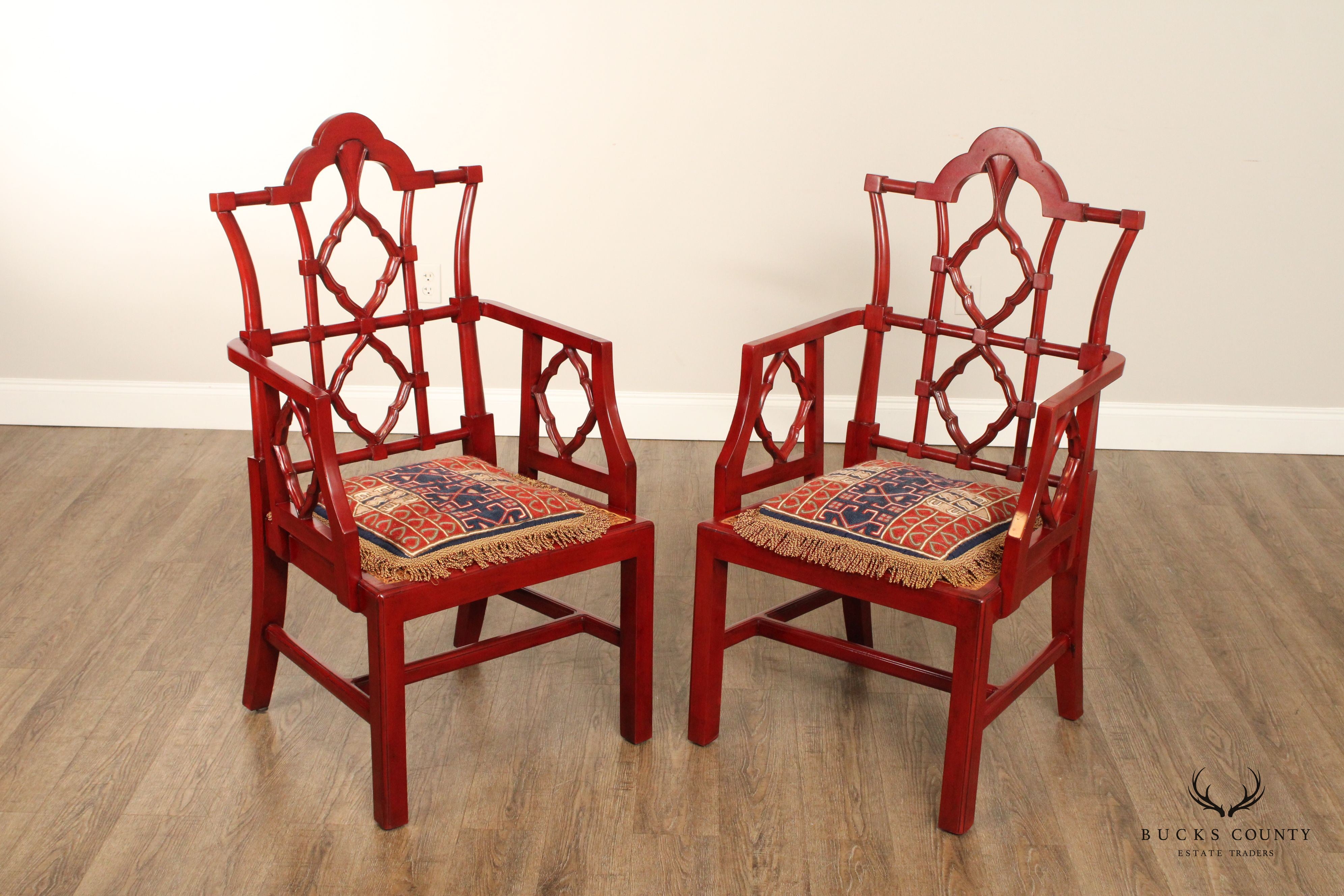 Chinese Chippendale Style Pair of Red Lacquered Dining Armchairs