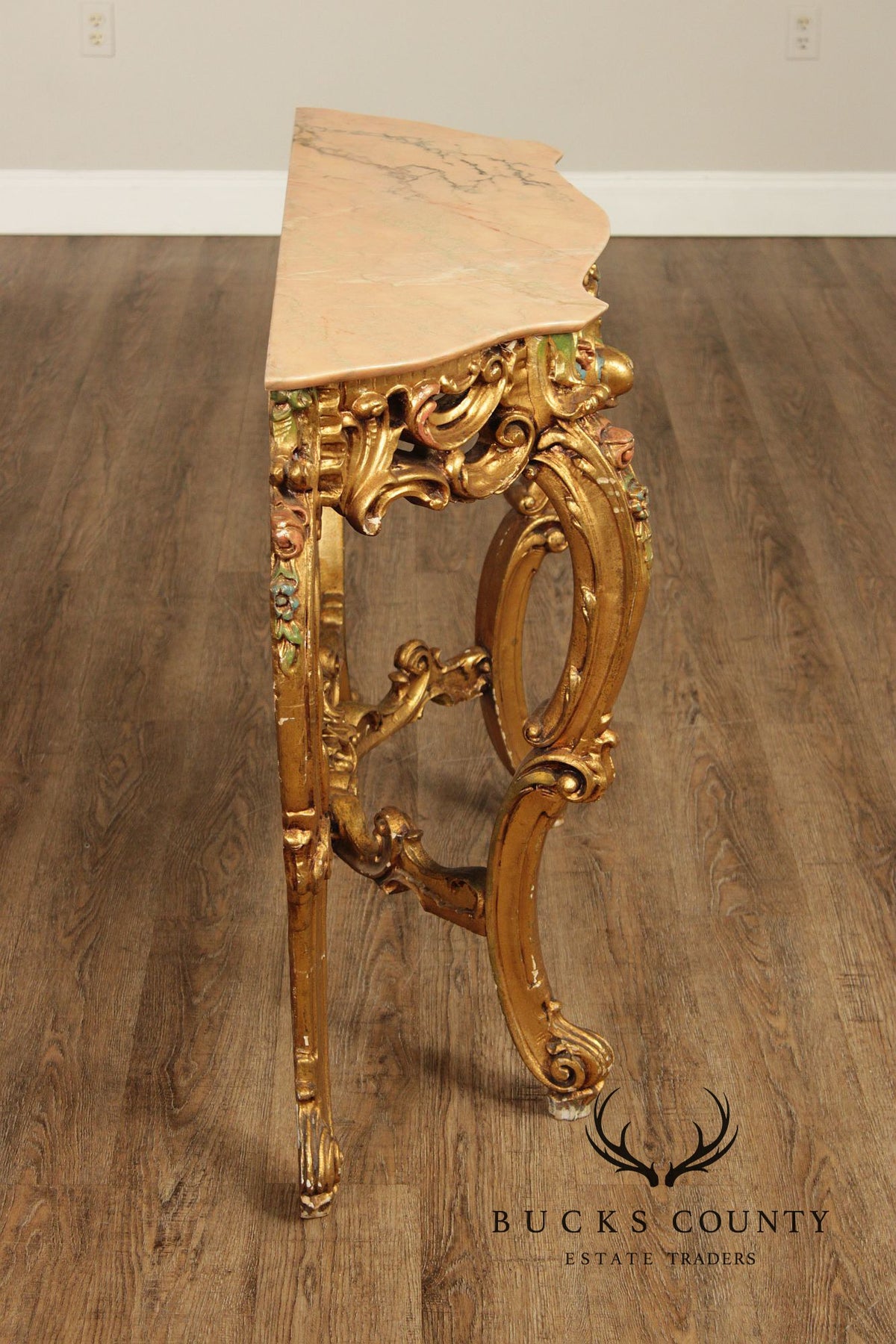 Venetian Rococo Style Marble Top Giltwood Console Table