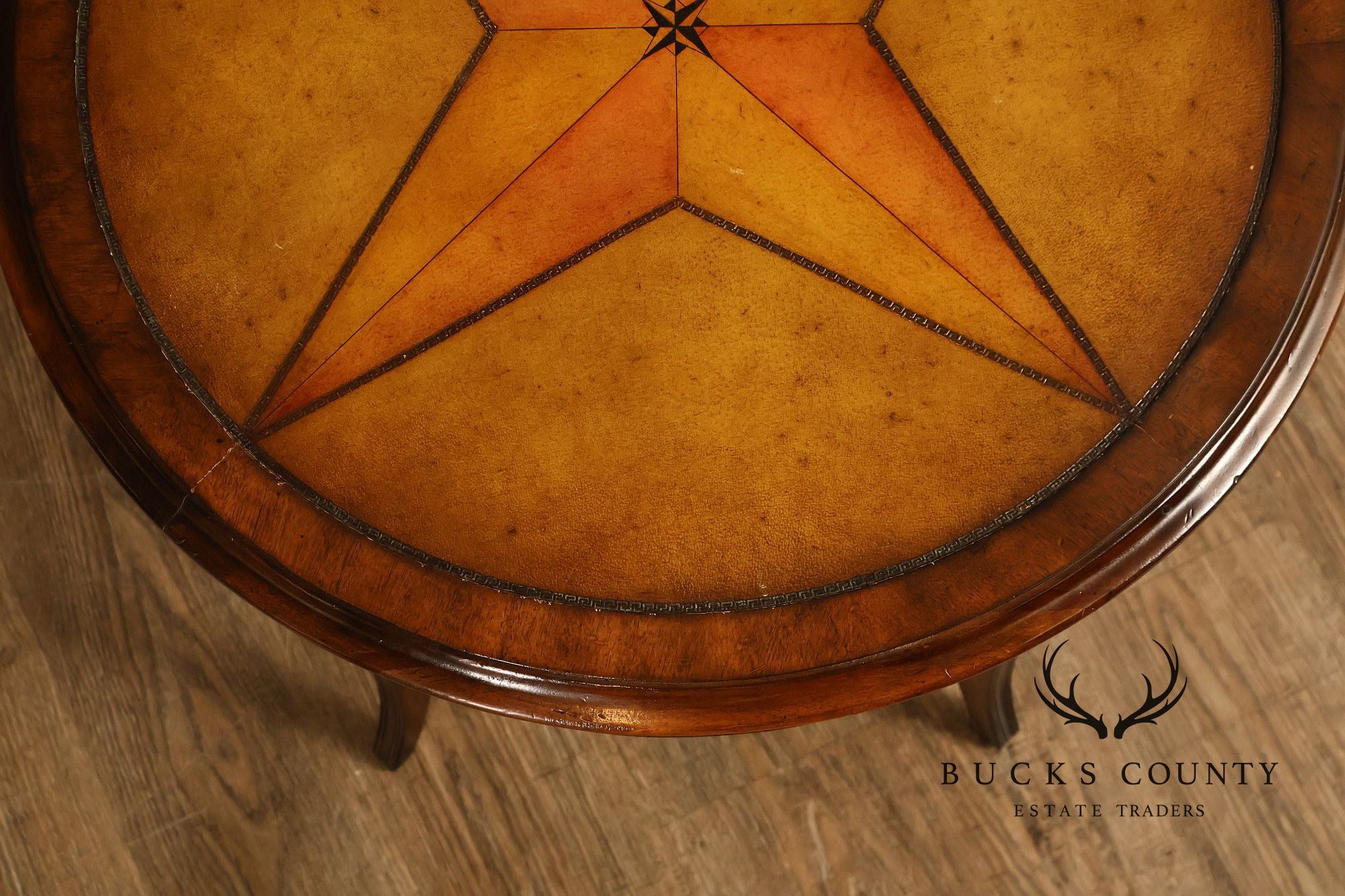 John Richard 'European Crossroads' Pair of Round Leather Top Lamp Tables