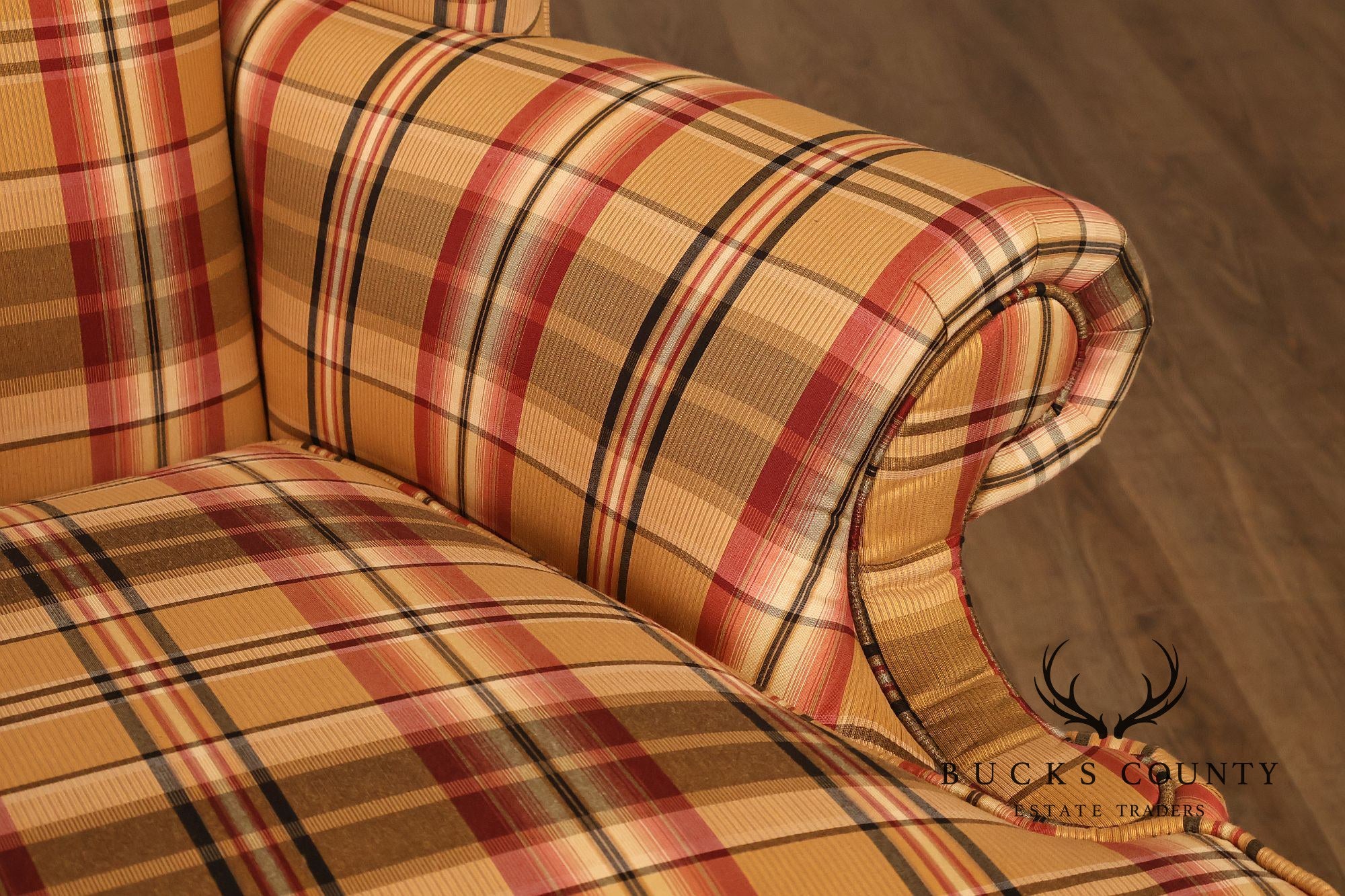 Ethan Allen Chippendale Style Plaid Upholstered Wing Chair