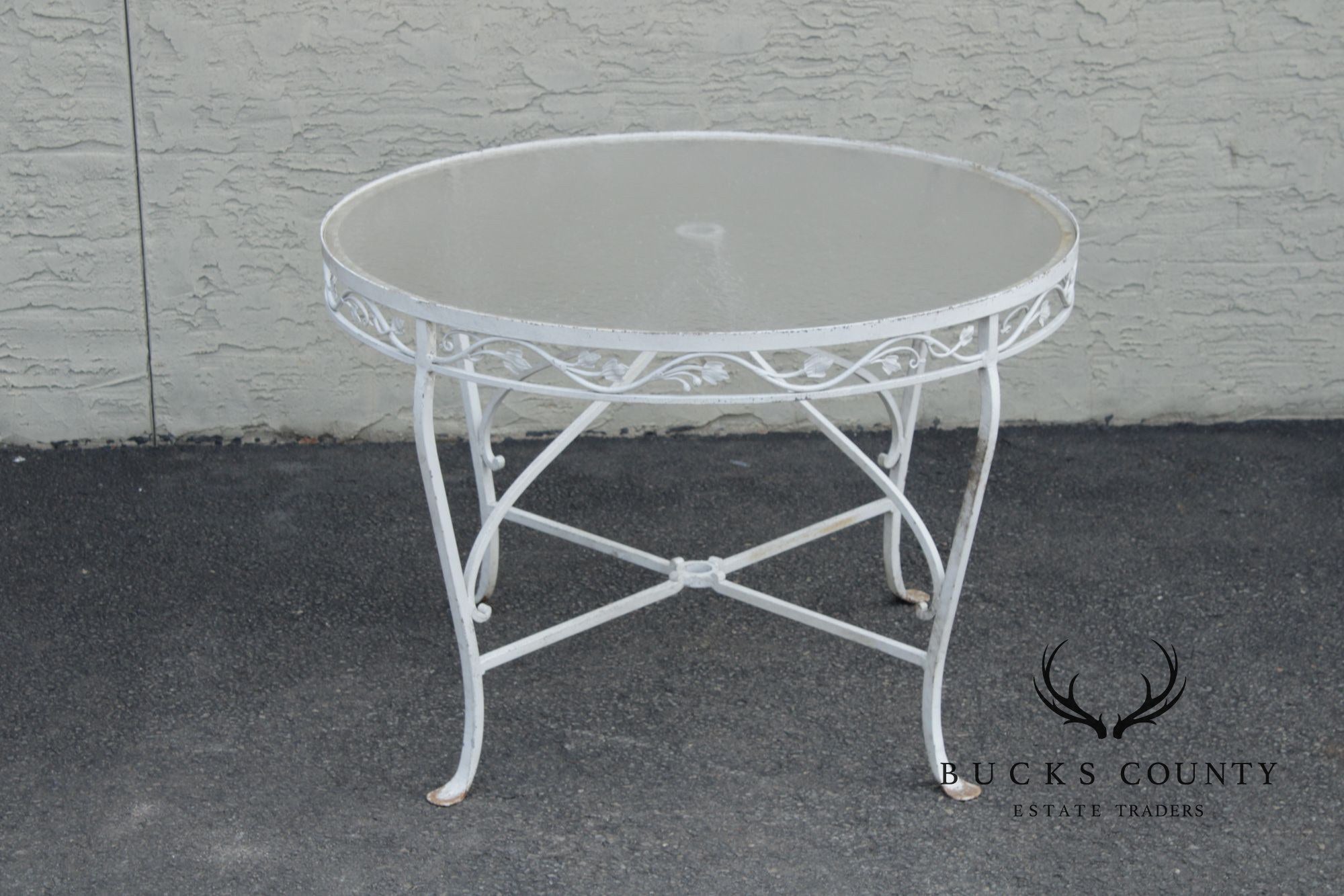 Vintage Round Glass Top Wrought Iron Outdoor Patio Dining Table