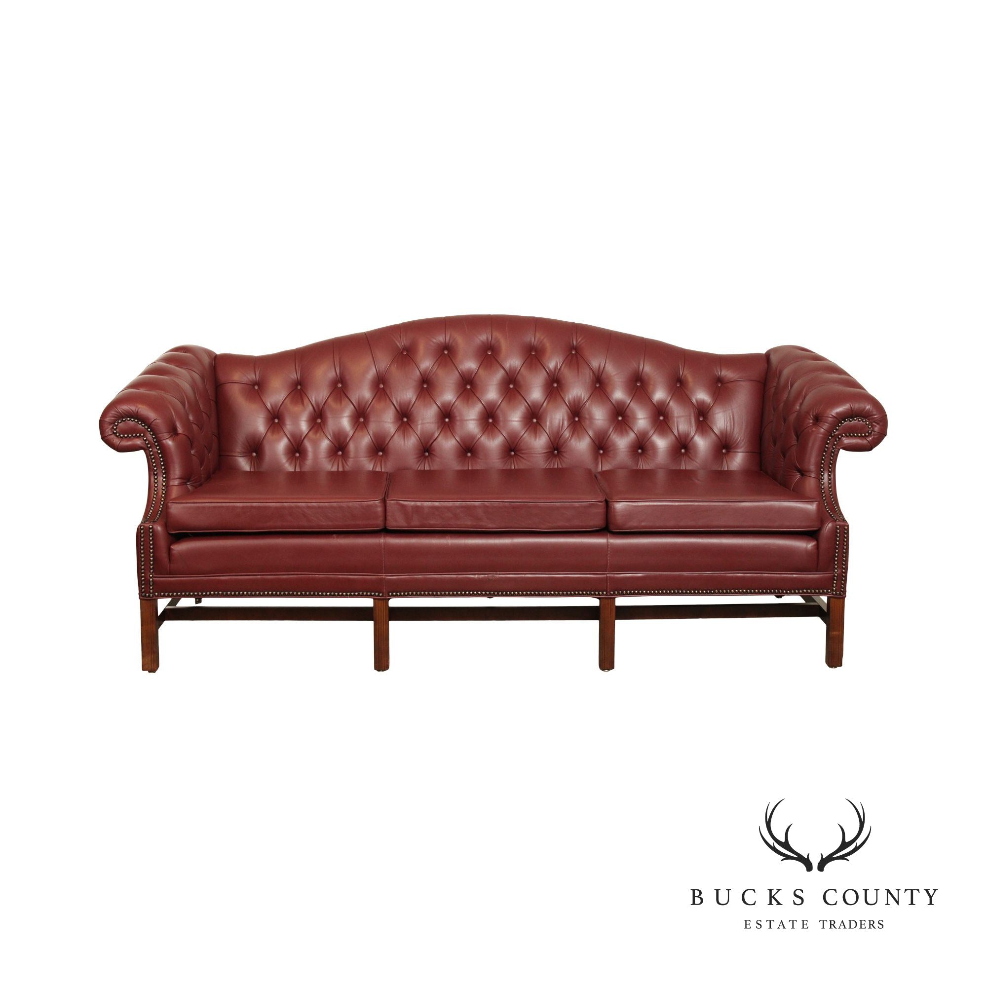 Chippendale Chesterfield Style Tufted Leather Camelback Sofa