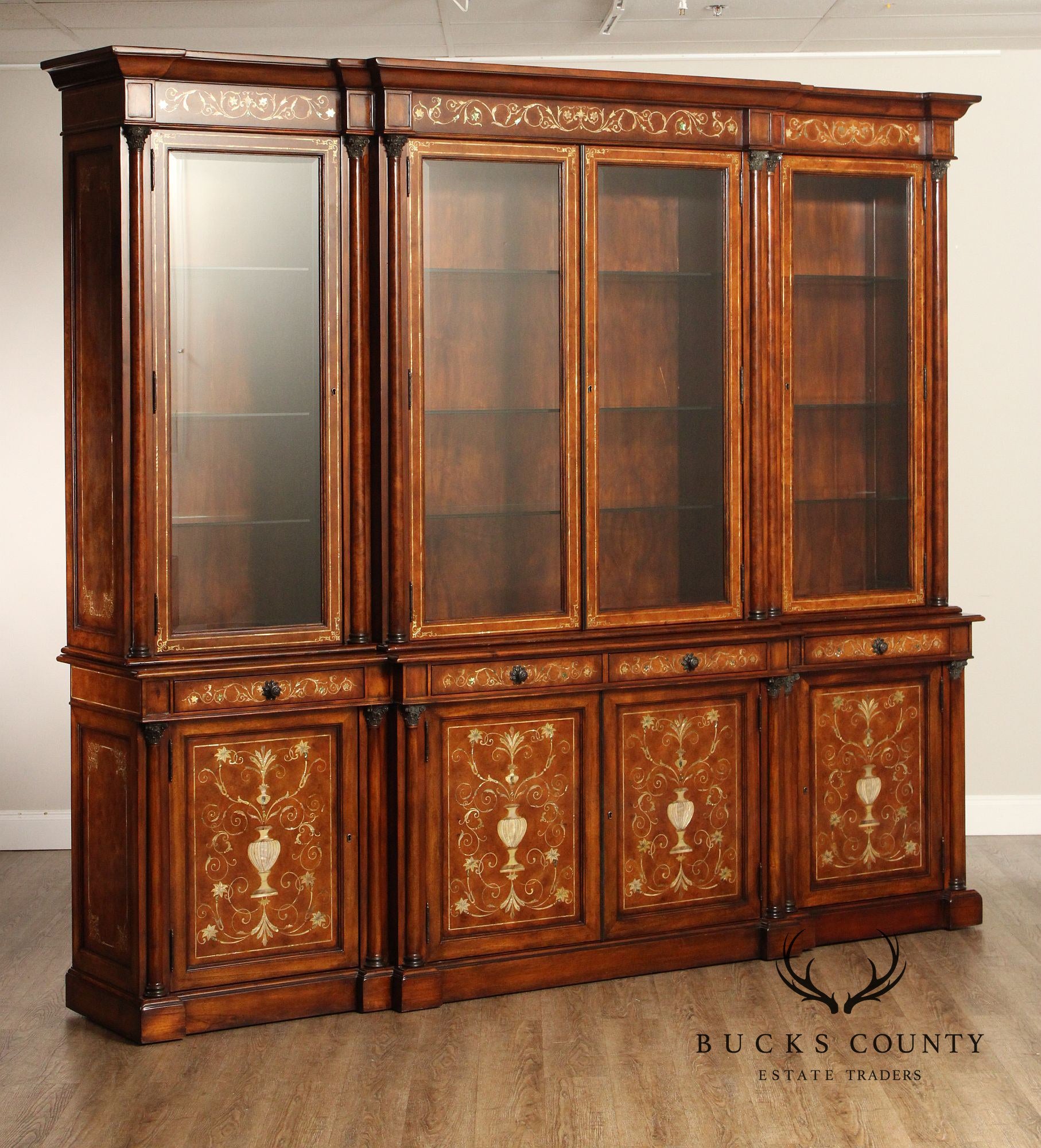 Theodore Alexander Monumental Inlaid Mahogany Breakfront Bookcase