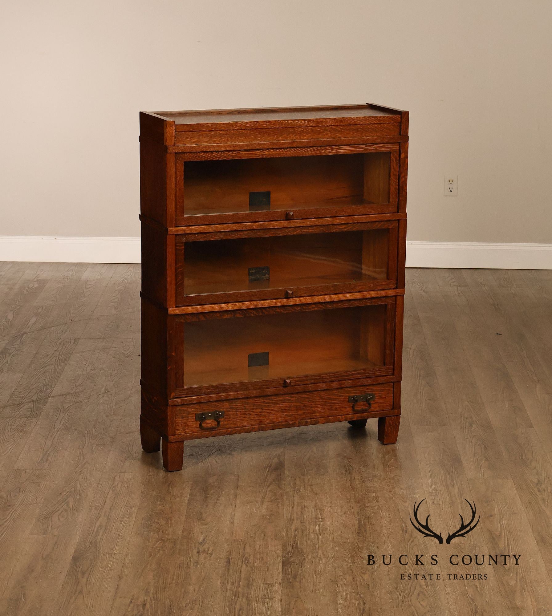 Antique Globe Wernicke Mission Oak Three Stack Barrister Bookcase With Base Drawer