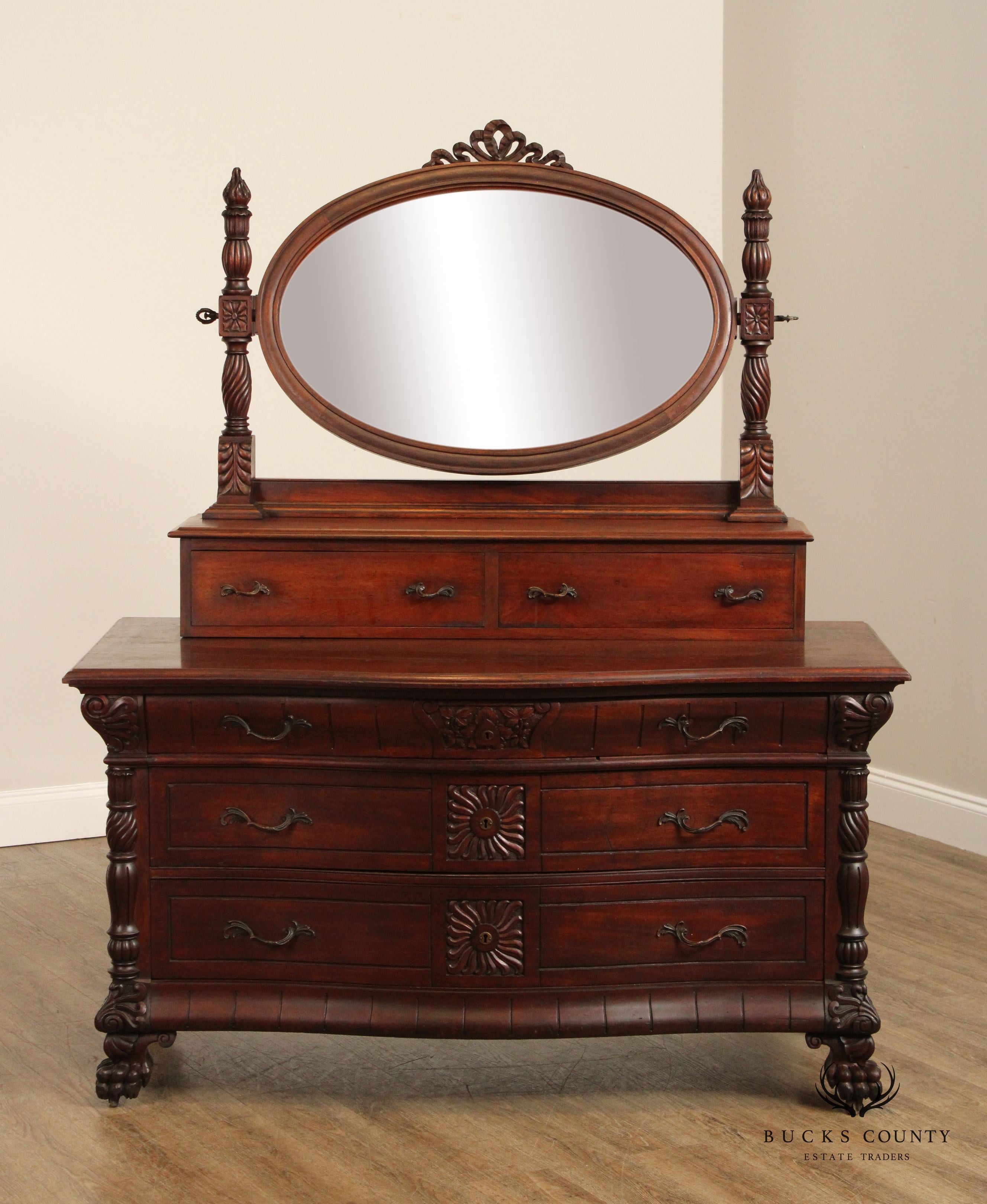 American Victorian Carved Mahogany Dresser With Mirror