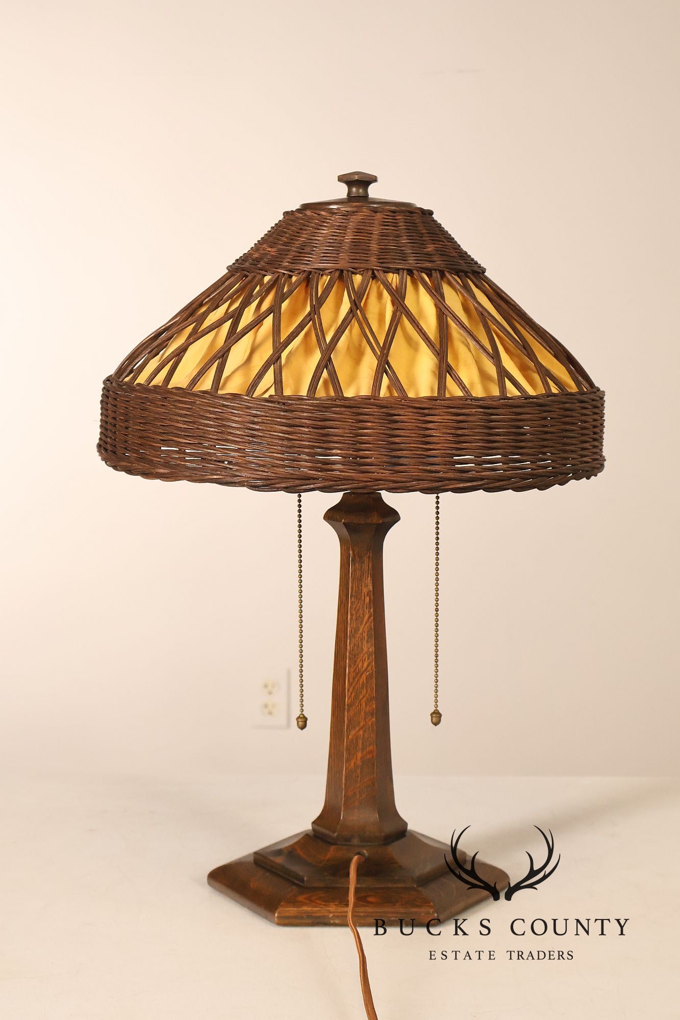 Antique Arts And Crafts Oak Table Lamp With Wicker Shade