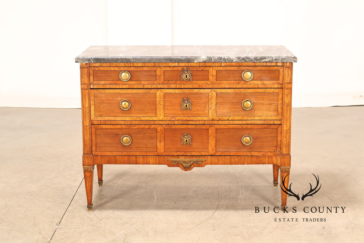 Antique French Neoclassical Marble Top Inlaid Three Drawer Chest