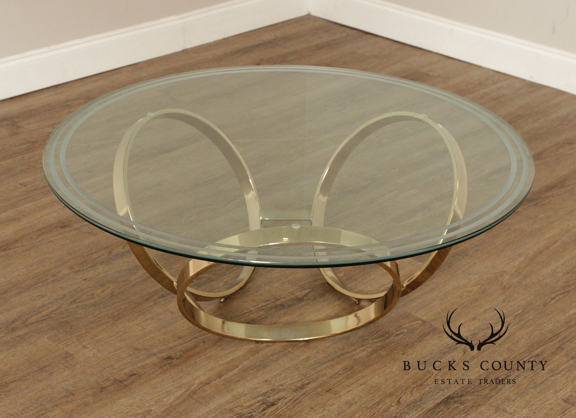 Postmodern Round Glass Top Three Ring Base Coffee Table