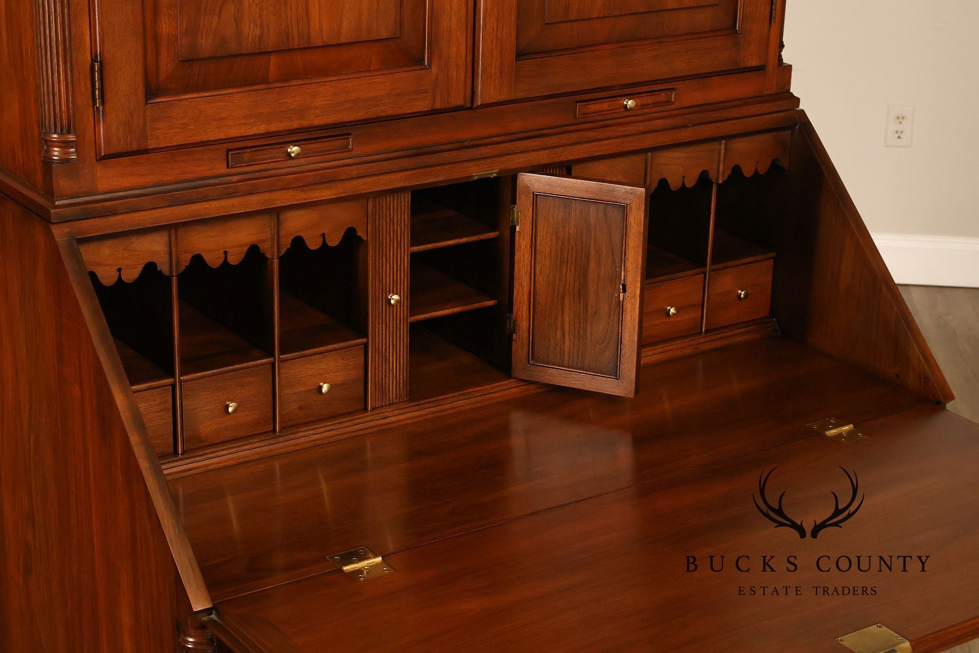 HENKEL HARRIS CHIPPENDALE STYLE TWO PART BLACK WALNUT BLIND DOOR SECRETARY DESK