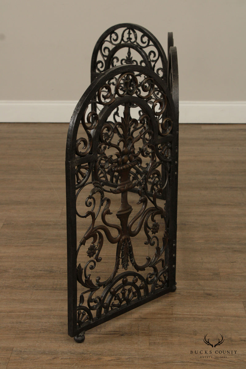 Quality Ornate Iron And Bronze Three Panel Fire Screen