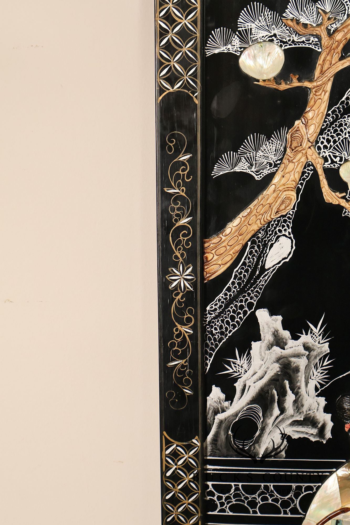 Asian Black Lacquer Vintage Pair Of Four Panel Folding Screens With Mother Of Pearl Inlay