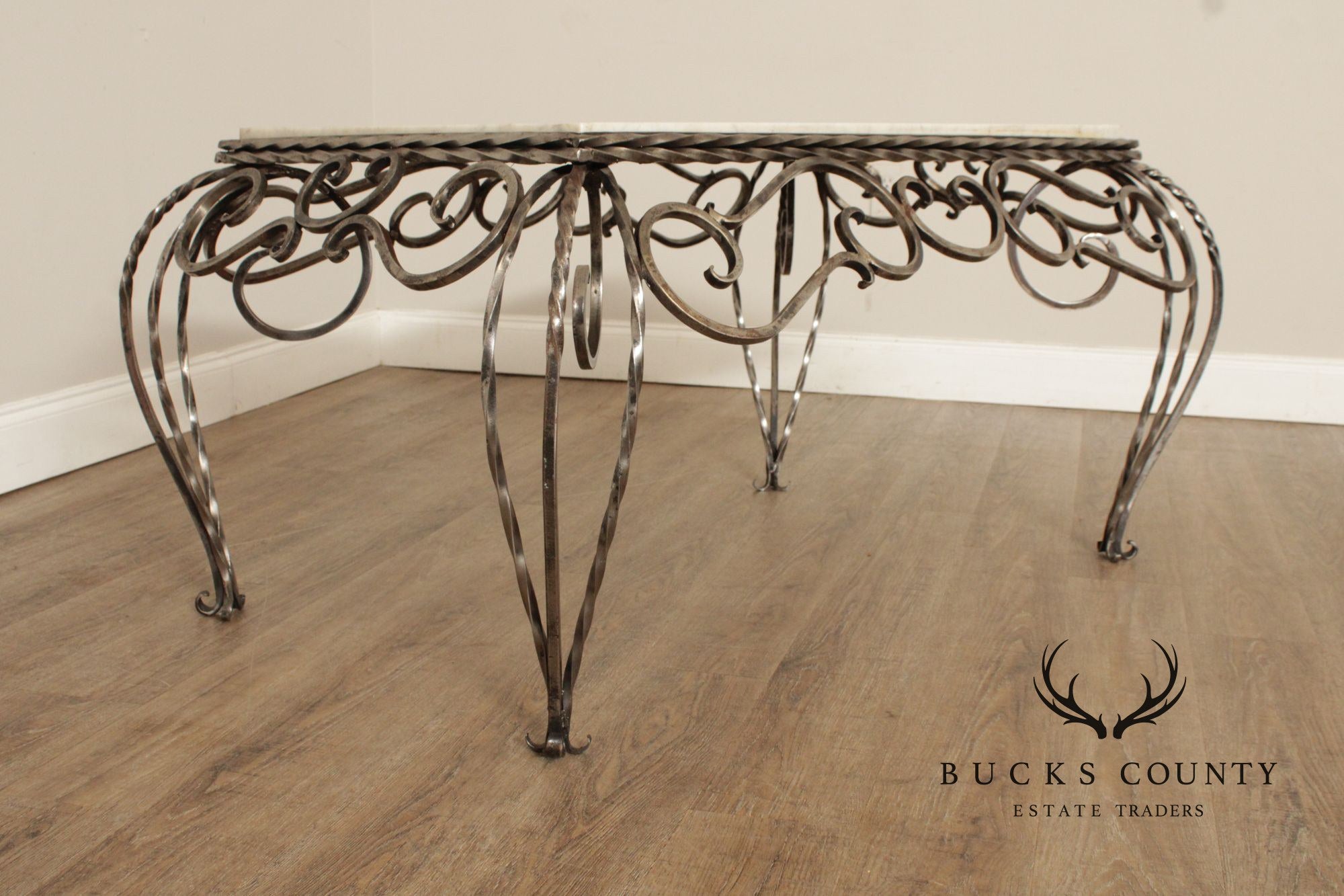 Vintage French Marble Top Wrought Iron Coffee Table