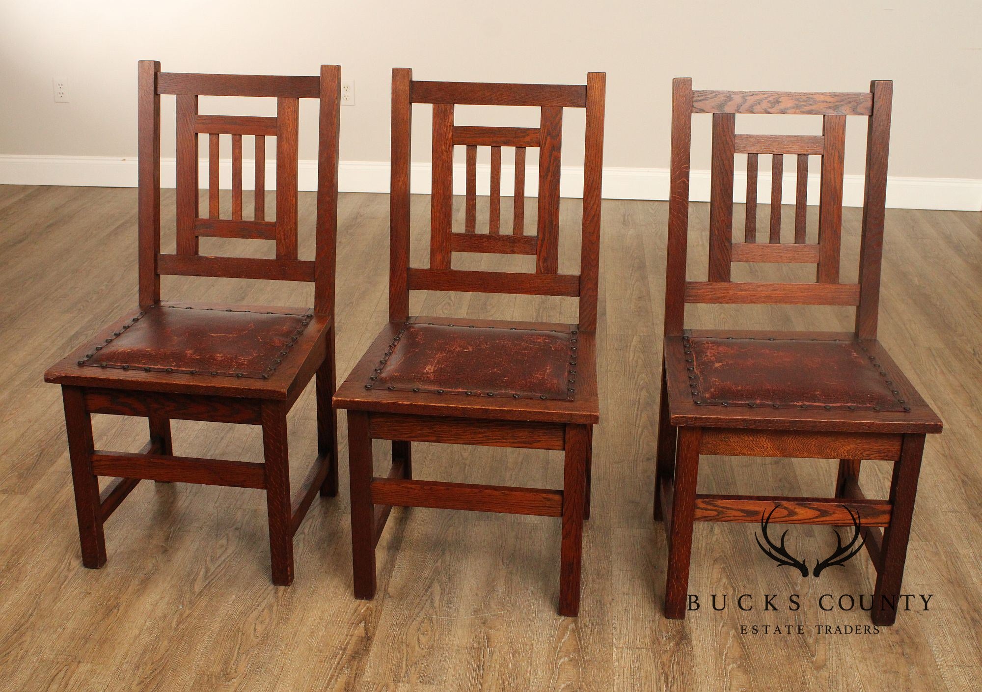 Antique American Arts & Crafts Mission Set Of 3 Oak Side Chairs
