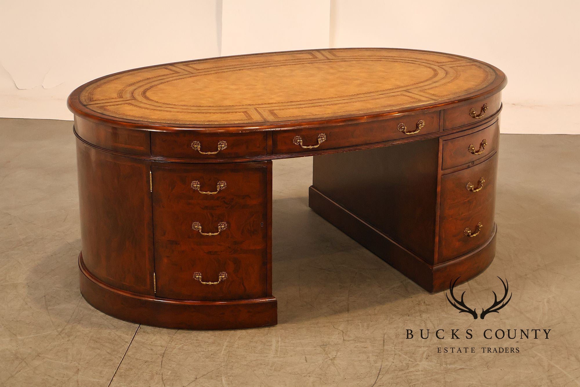 Maitland-Smith Oval Burl Wood Leather Top Partner Desk with Brass Hardware