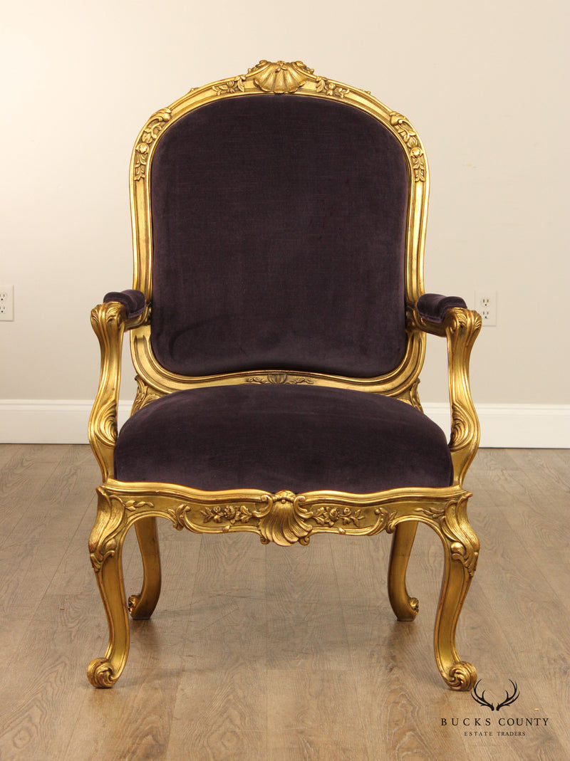 FRENCH ROCOCO LOUIS XV STYLE PAIR OF GILTWOOD FAUTEUIL ARMCHAIRS