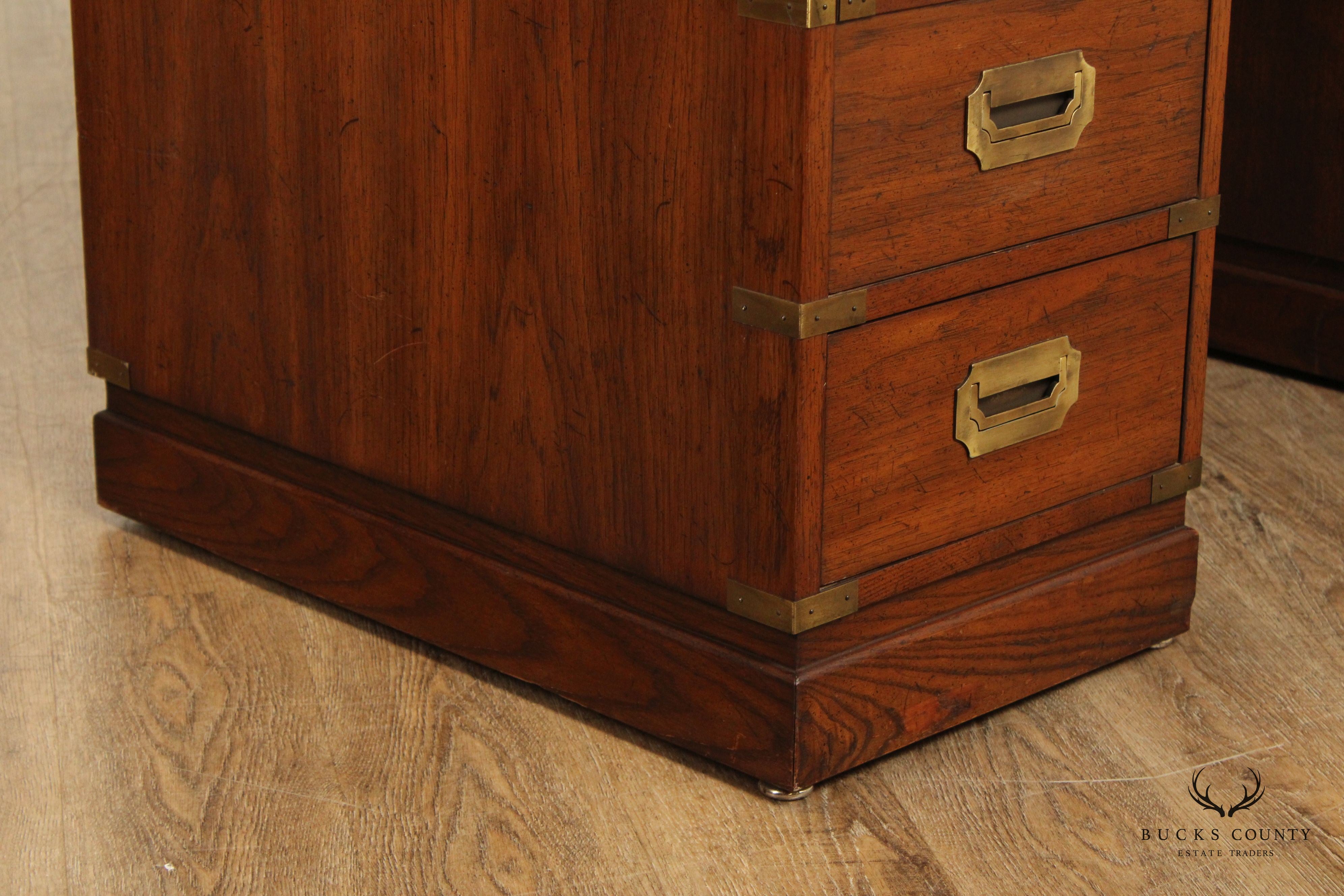 Sligh Campaign Style Vintage Oak and Brass Leather Top Writing Desk