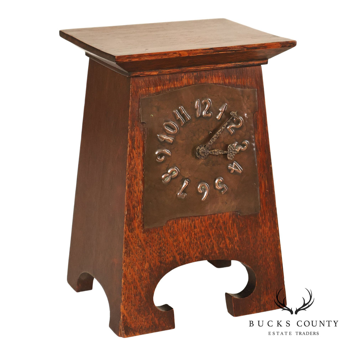 Antique Arts & Crafts Mission Oak Shelf Clock With Hand-Hammered Copper Dial