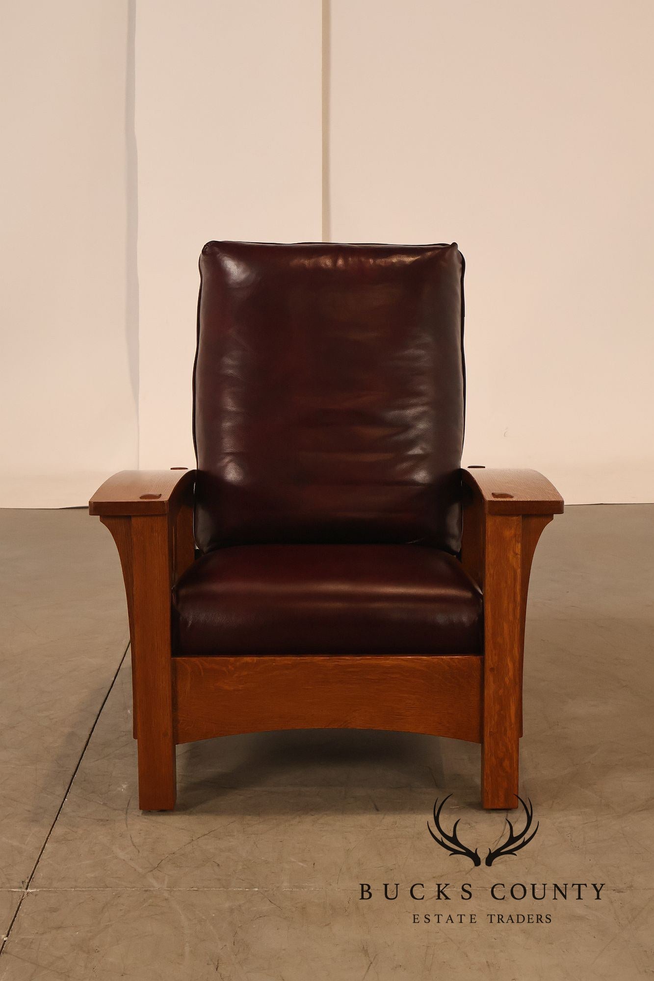 Stickley Mission Collection Pair Of Oak & Leather Bow Arm Morris Chairs