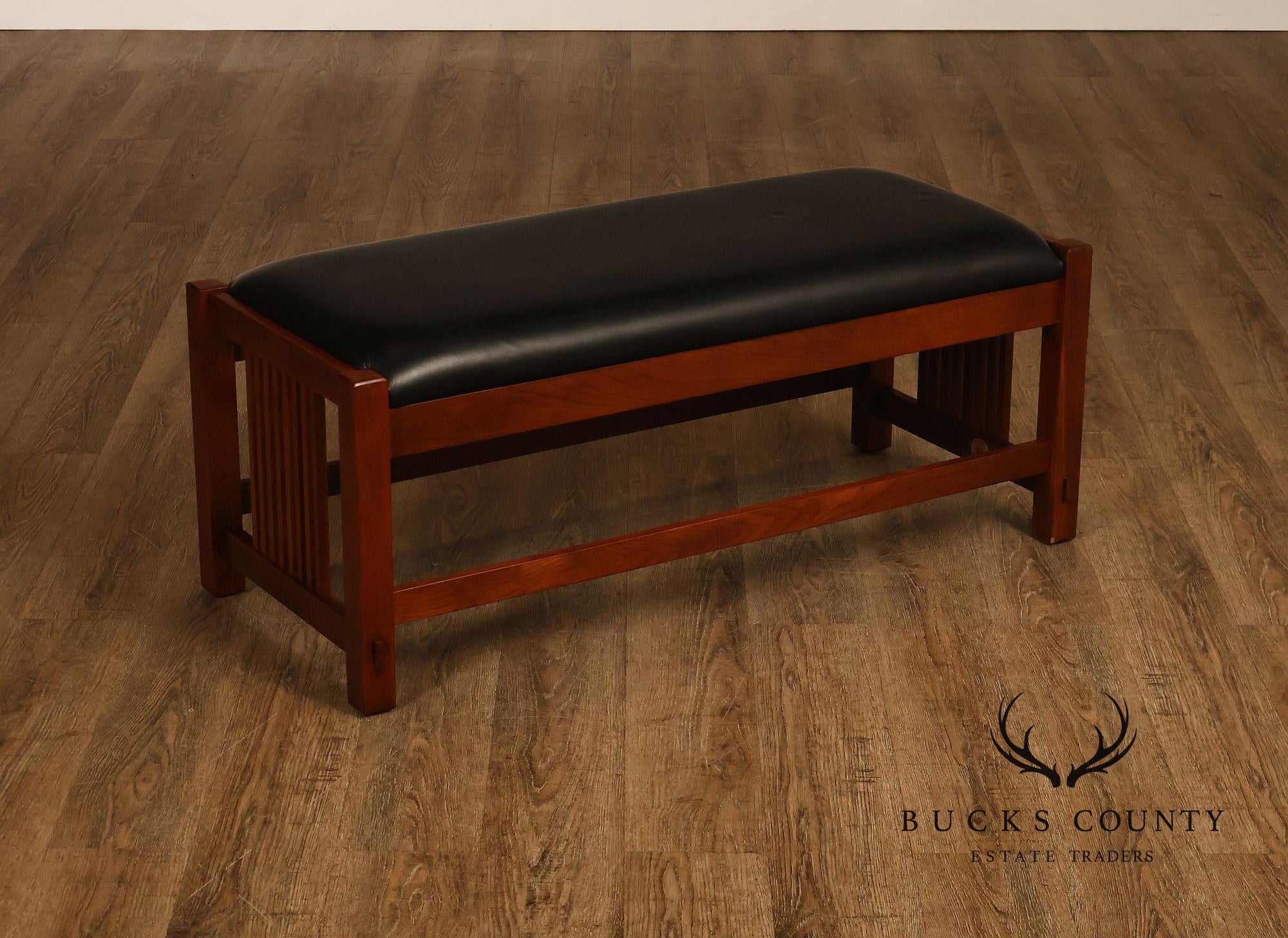 Stickley Mission Collection Leather and Cherry Spindle Bench