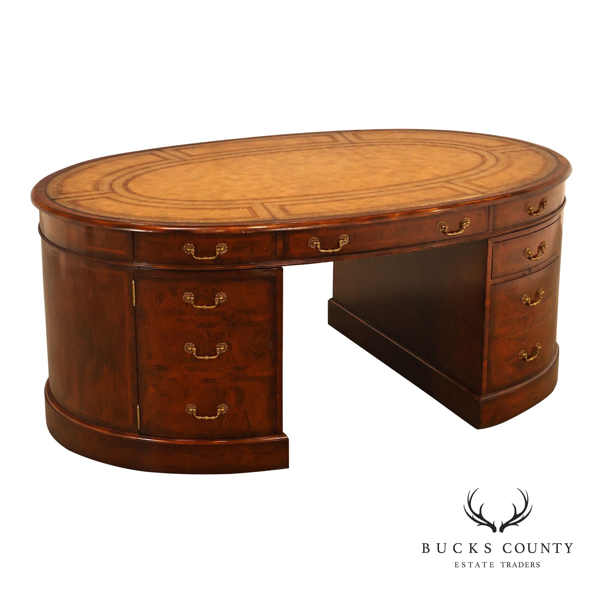 Maitland-Smith Oval Burl Wood Leather Top Partner Desk with Brass Hardware
