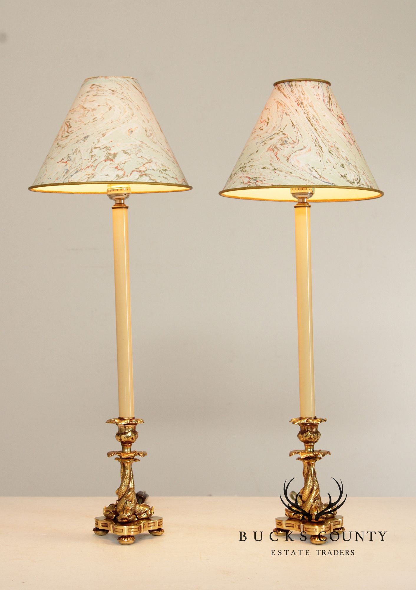 Rococo Style Pair of Brass Candlestick Table Lamps