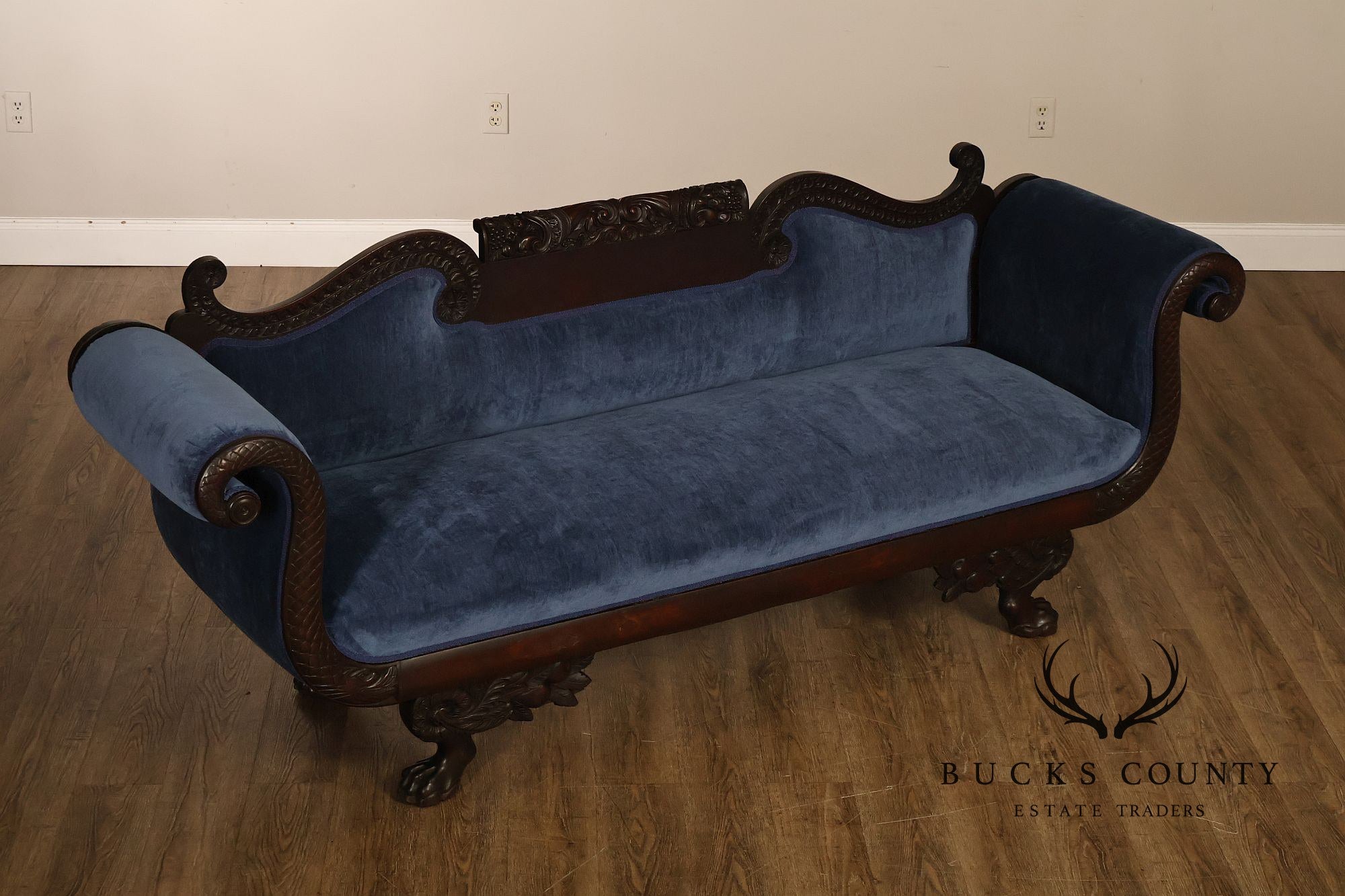 Antique American Empire Mahogany Carved Swan Arm Sofa With Blue  Upholstery