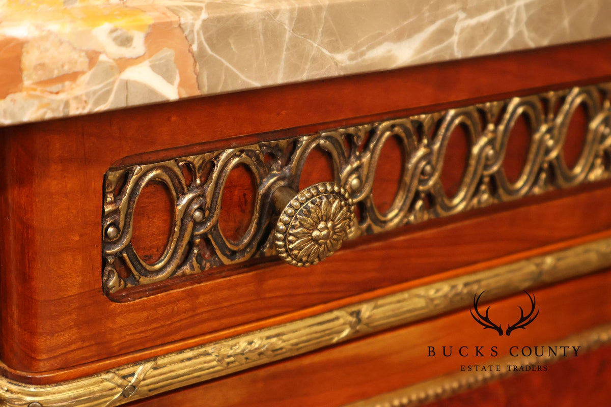 Louis XVI Style Marble Top Marquetry And Bronze Mounted Cabinet