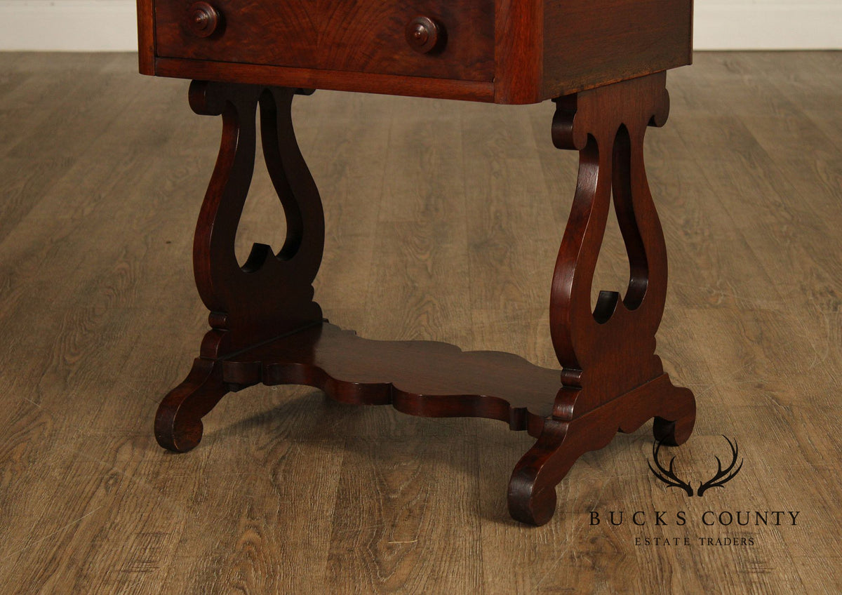 Antique American Empire Mahogany Lyre Form Two-Drawer Work Table