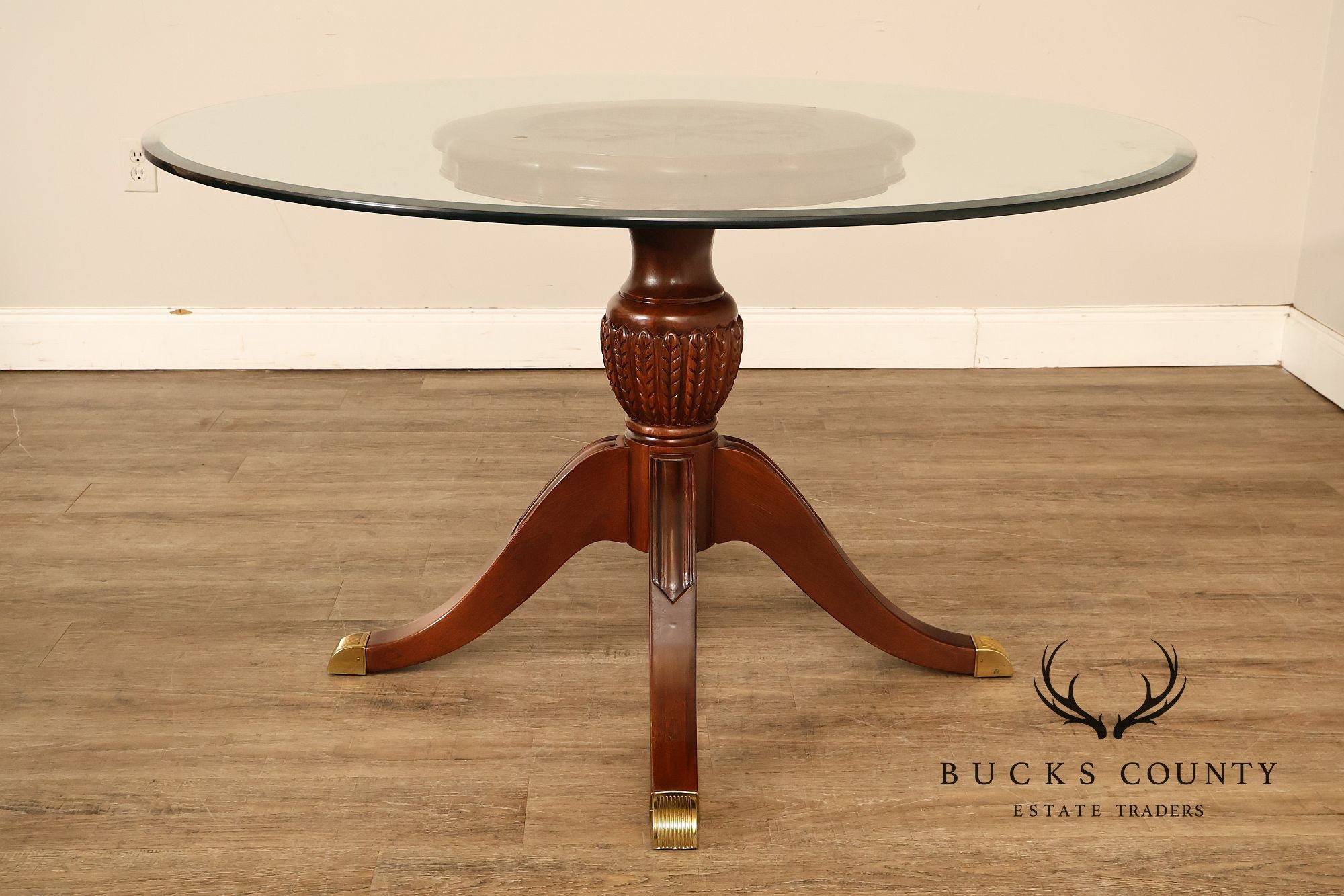 Lexington Furniture Round Glass Top Carved Mahogany Pedestal Table with Center Medallion