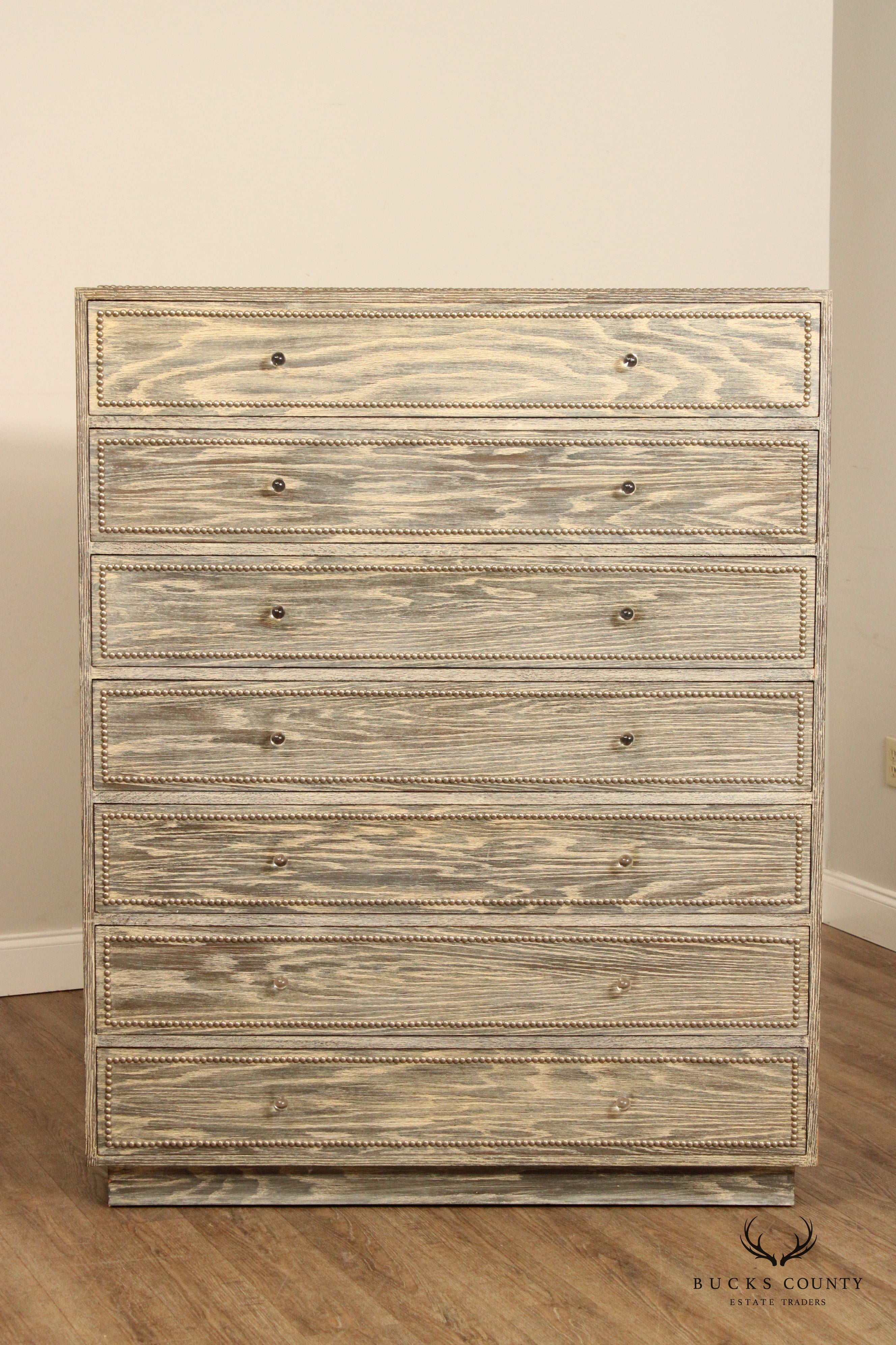 Mid Century Modern Cerused Oak High Chest with Nail Head Trim