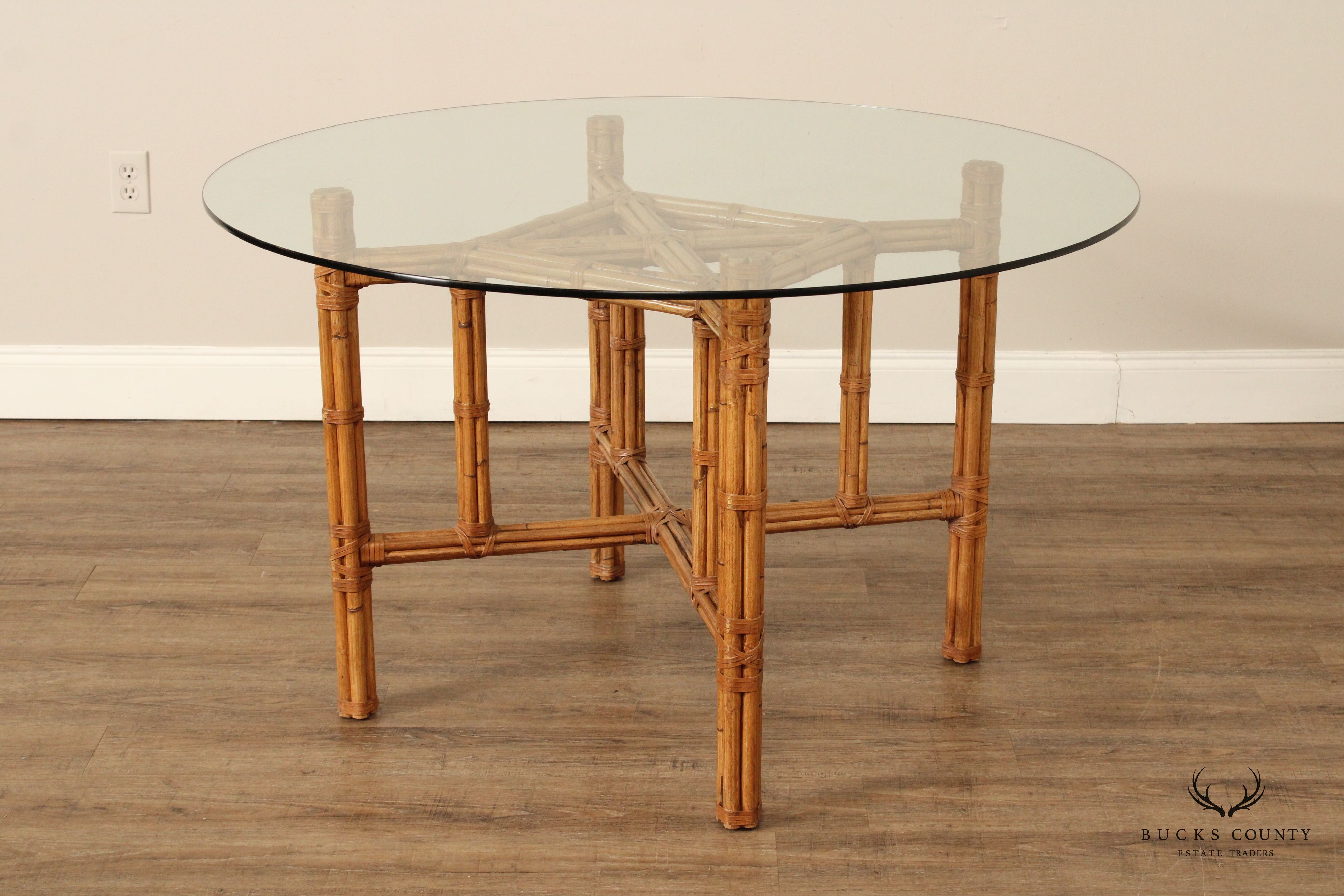 Hollywood Regency Vintage Round Glass Top Rattan Dining Table