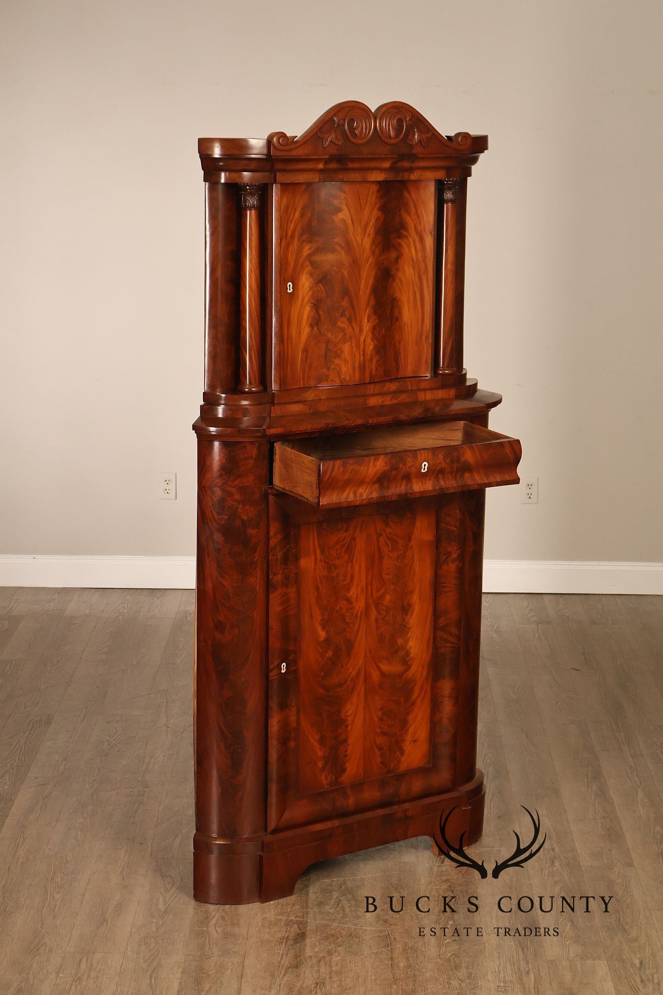 Antique Mahogany Biedermeier Two Piece Corner Cabinet