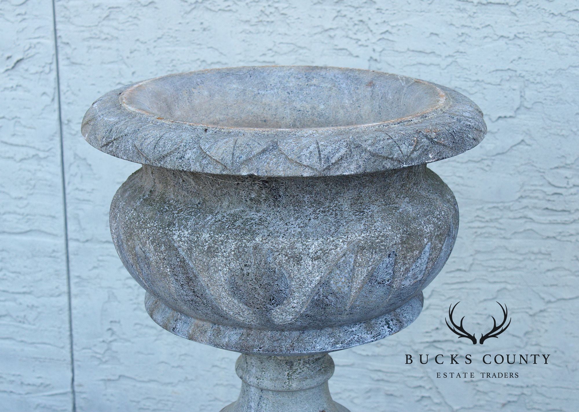 Vintage Pair Of Carved Granite Three Piece Garden Urns On Pedestals