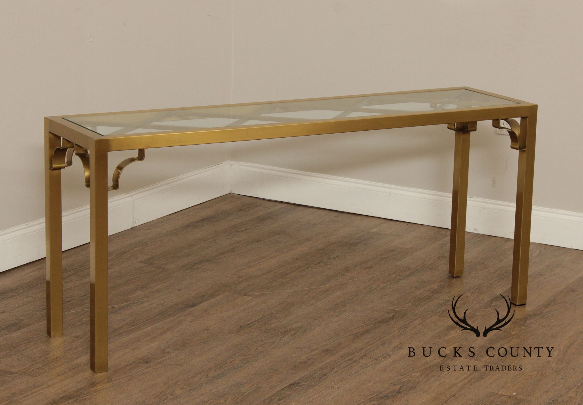 Hollywood Regency Style Glass Top Brass Console Table