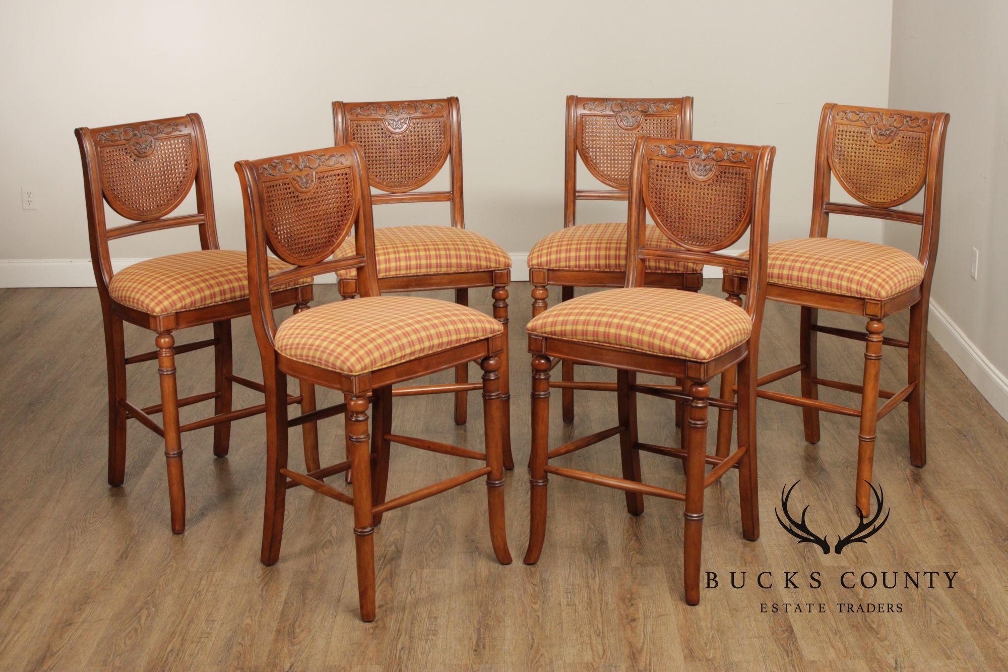 French Country Style Set of Six Cane Back Bar Stools