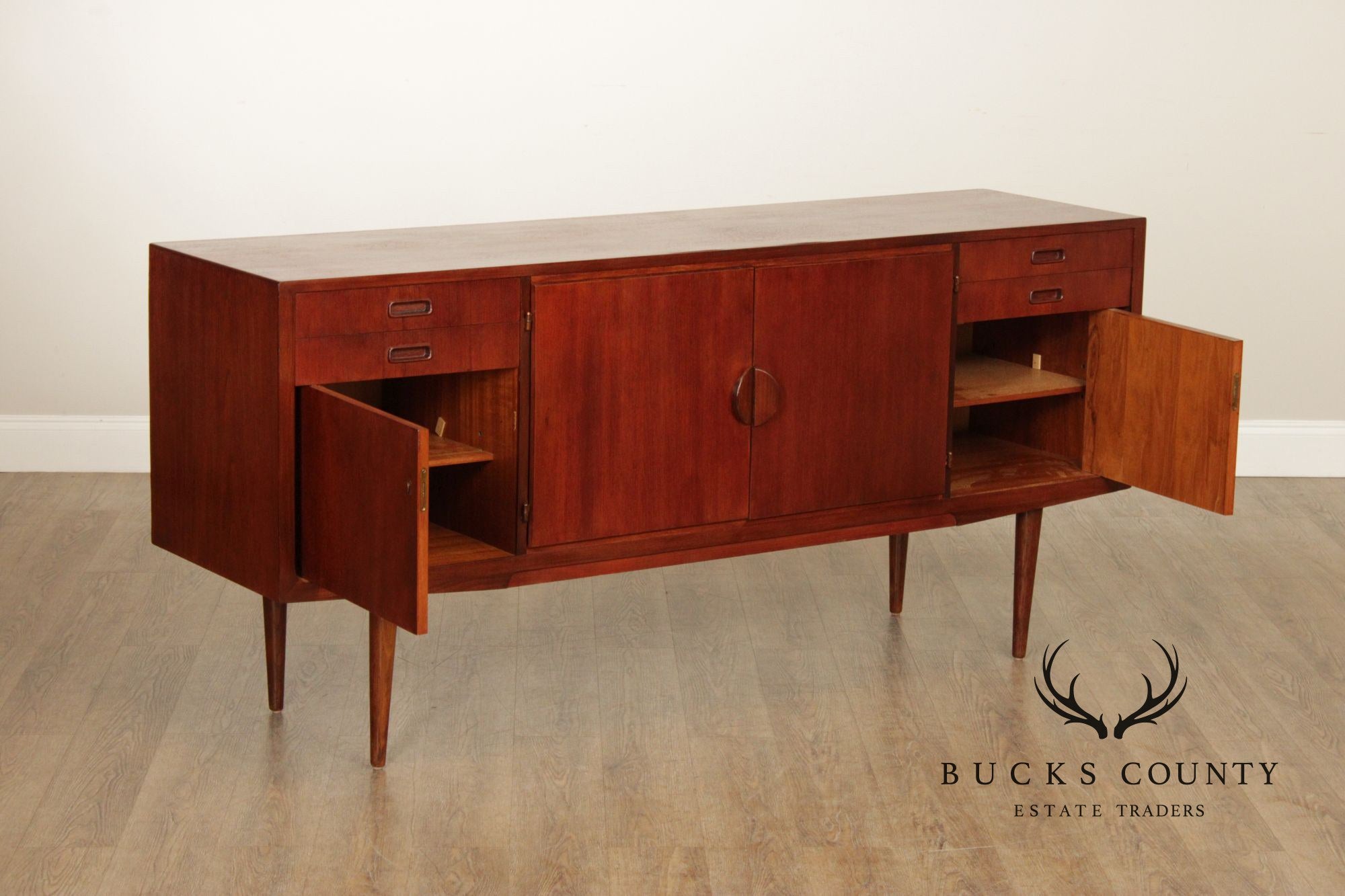 Mid-Century Danish Style Teak Credenza Sideboard With Inset Pulls