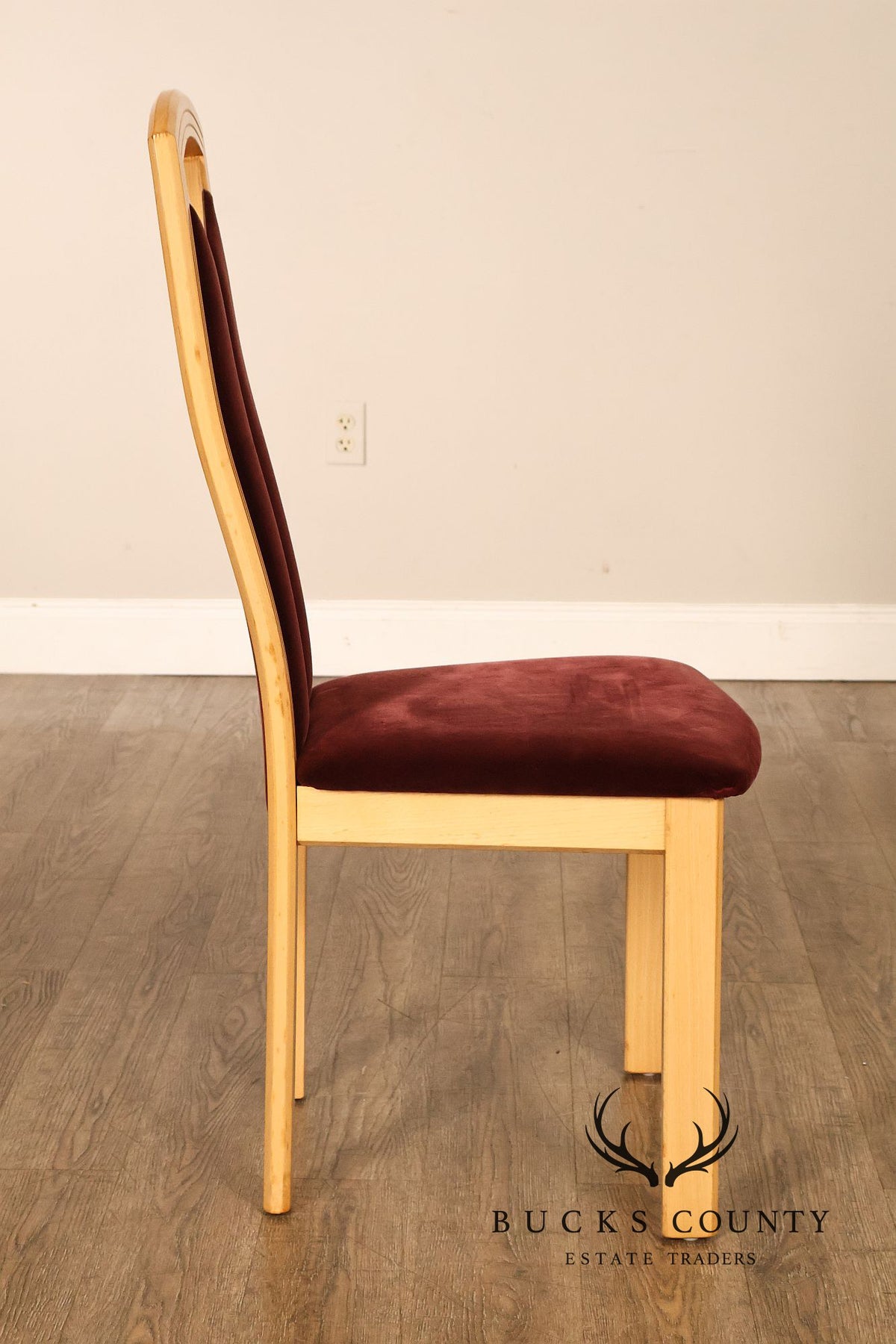 Tonon Set Of Eight Italian Light Wood Modern Dining Chairs With Burgundy Upholstery
