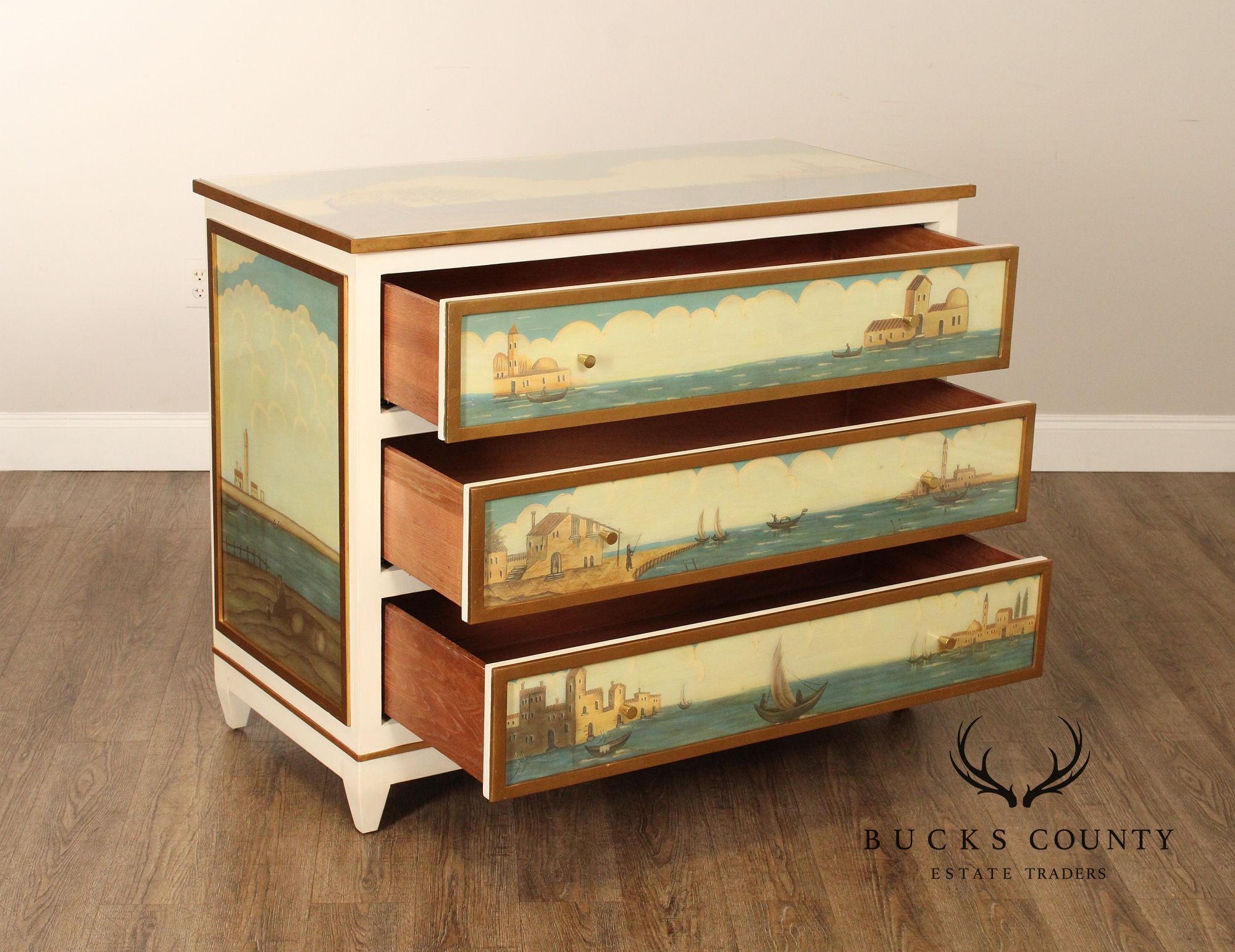 MODERN HISTORY HAND PAINTED VENETIAN THREE DRAWER CHEST COMMODE