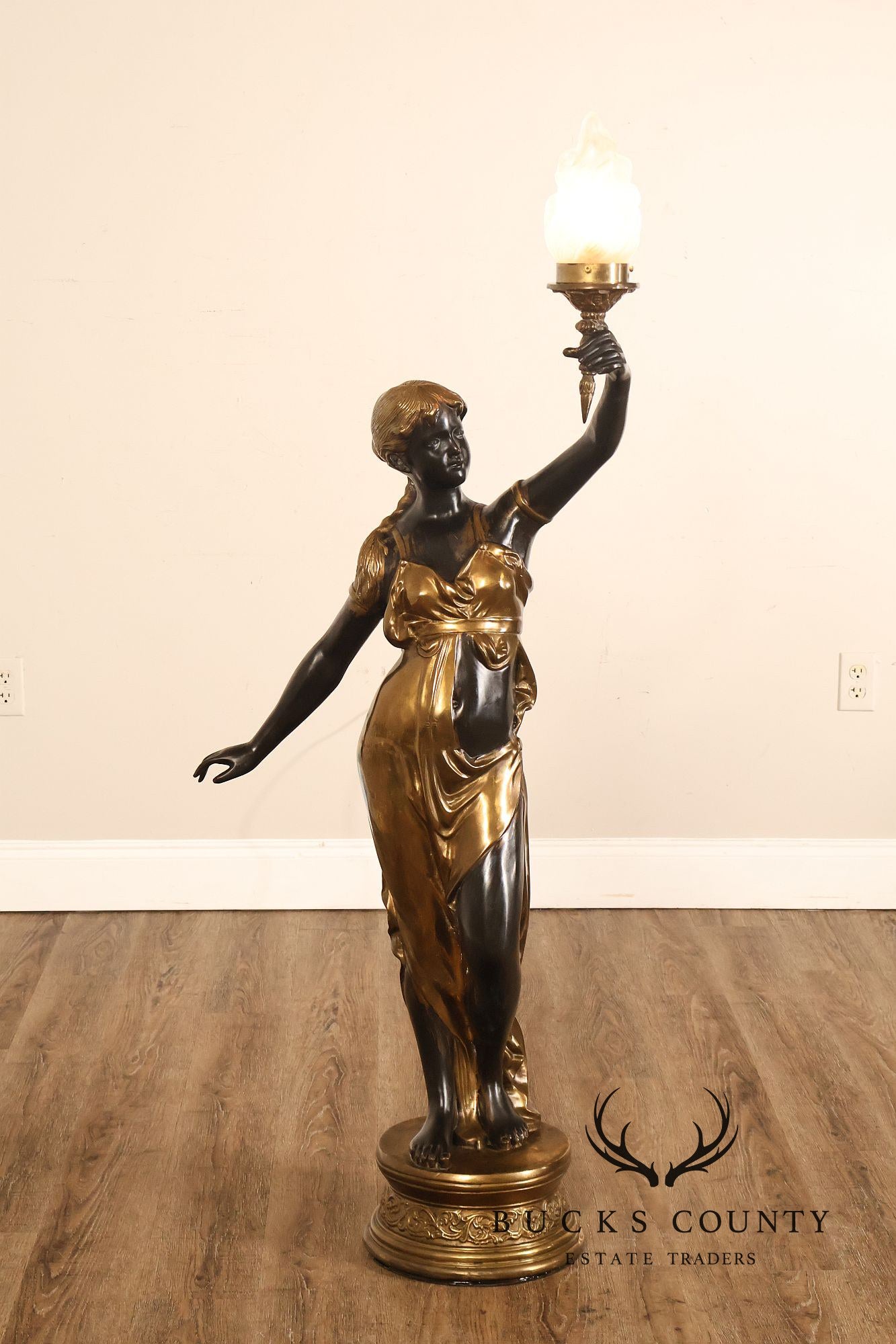 Neoclassical Style Pair Of Bronze Figural Torchere Floor Lamps