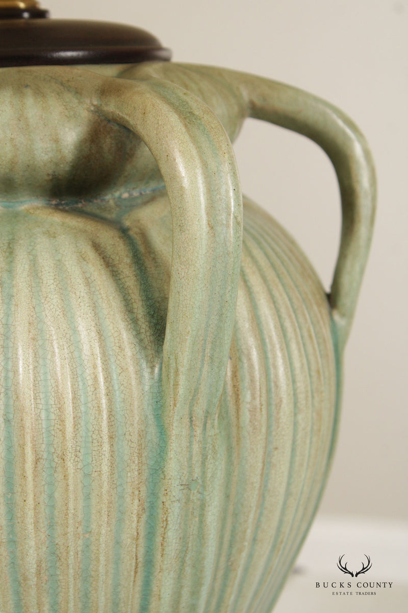 Bradburn Gallery Celadon Porcelain Pair Six Handled Organic Form Flower Vase Table Lamps