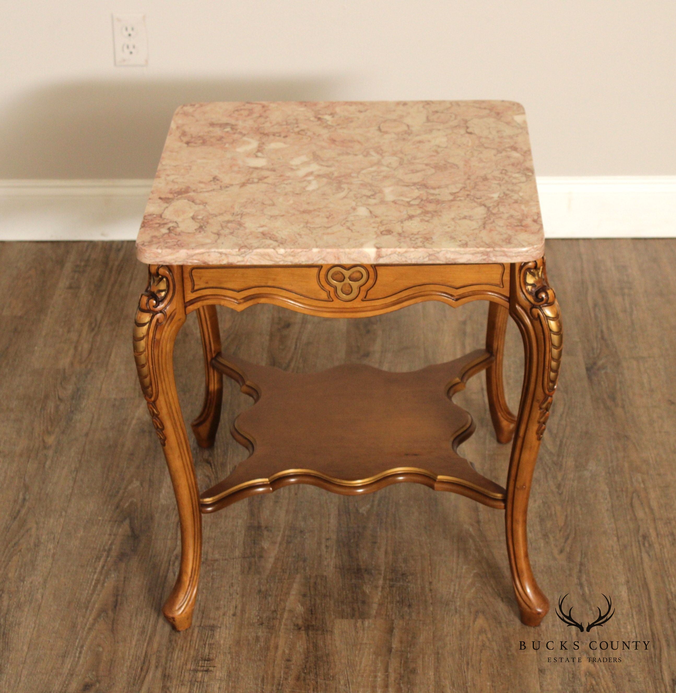 FRENCH LOUIS XV STYLE VINTAGE PAIR MARBLE TOP END TABLES