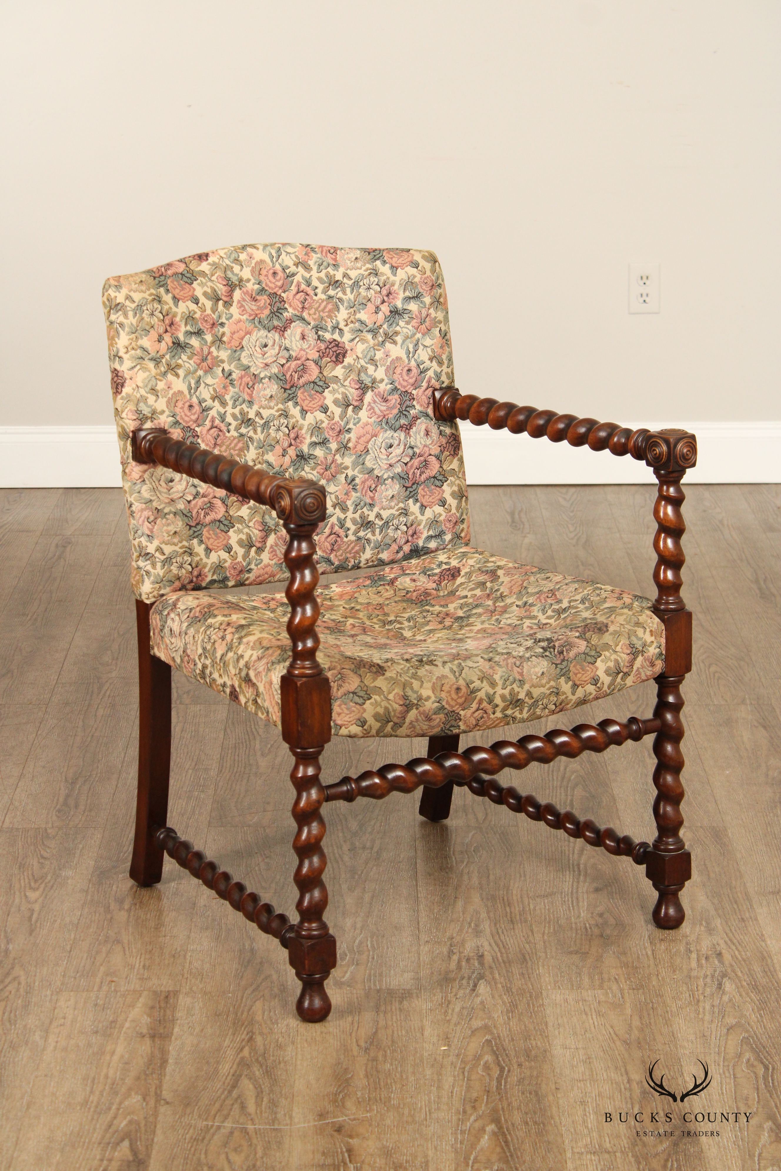 Jacobean Revival Antique Walnut Barley Twist Armchair