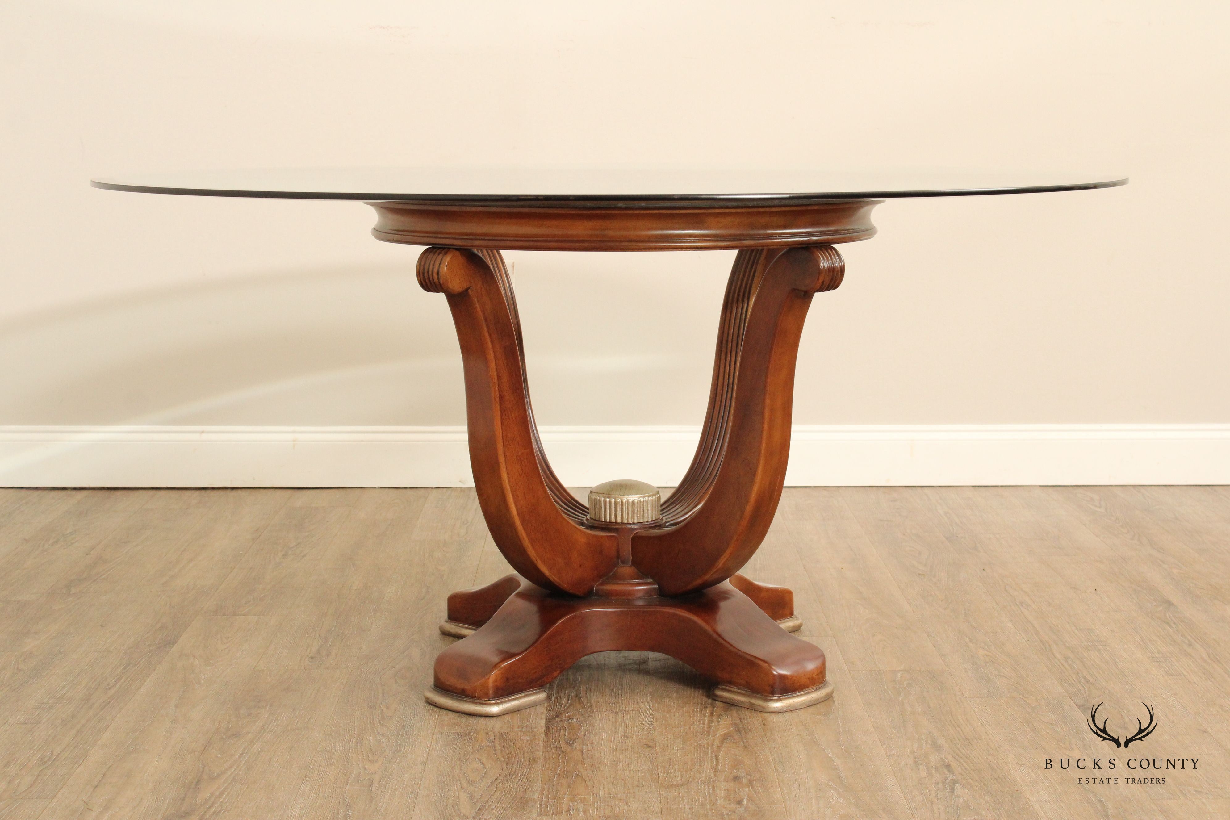 Modern Art Deco Style Round Glass Top Pedestal Dining Table