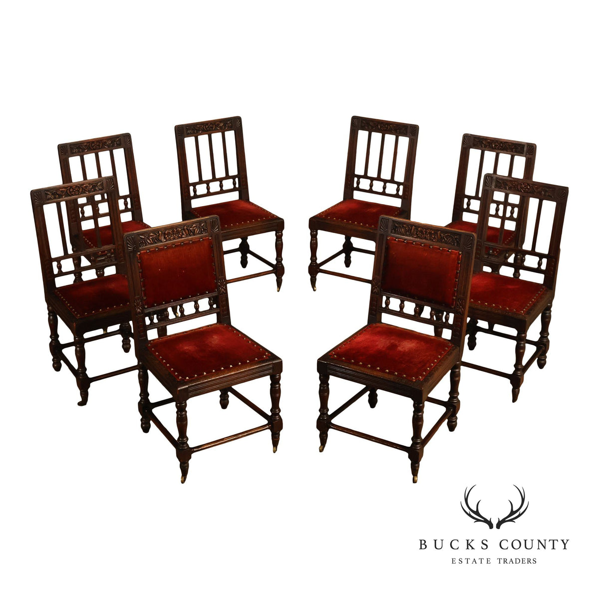 Antique Henry II Style Set of Eight Carved Oak Dining Chairs