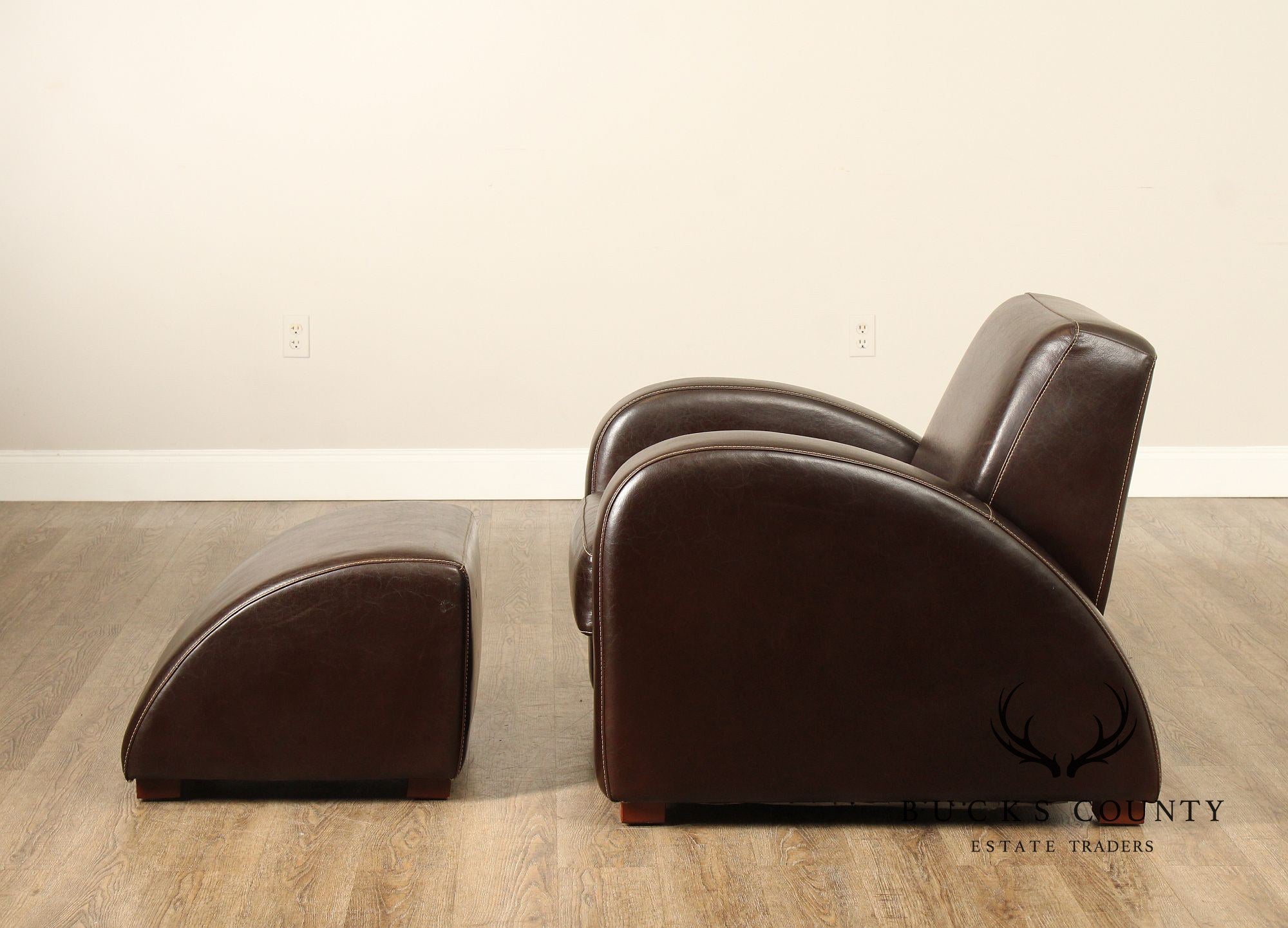 Legacy Art Deco Style Pair of Leather Lounge Chairs with Ottomans